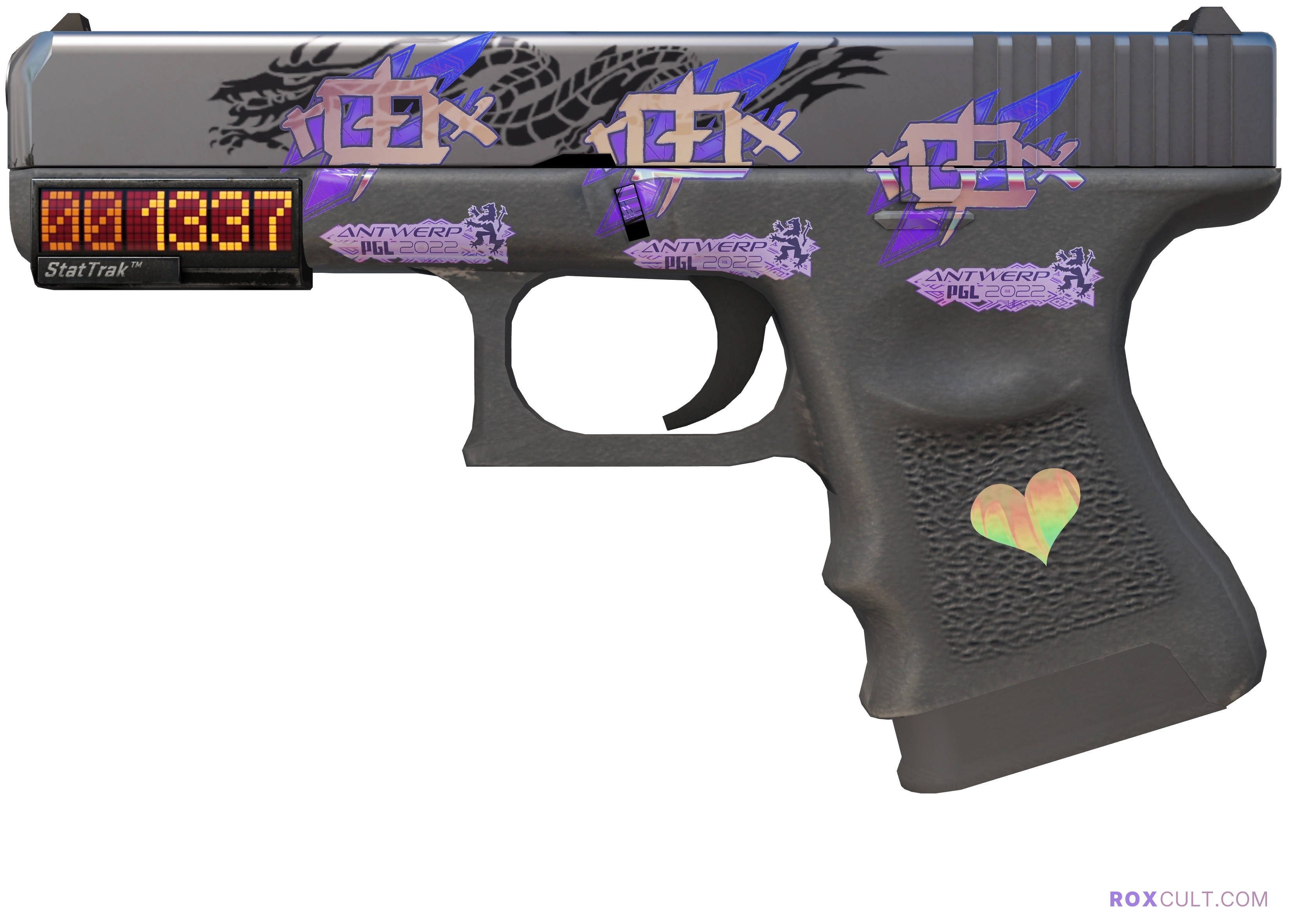 StatTrak™ Glock-18 | Dragon Tattoo (Factory New) — rox (Holo) Antwerp 2022 craft, playside view with 3 rox (Holo) stickers