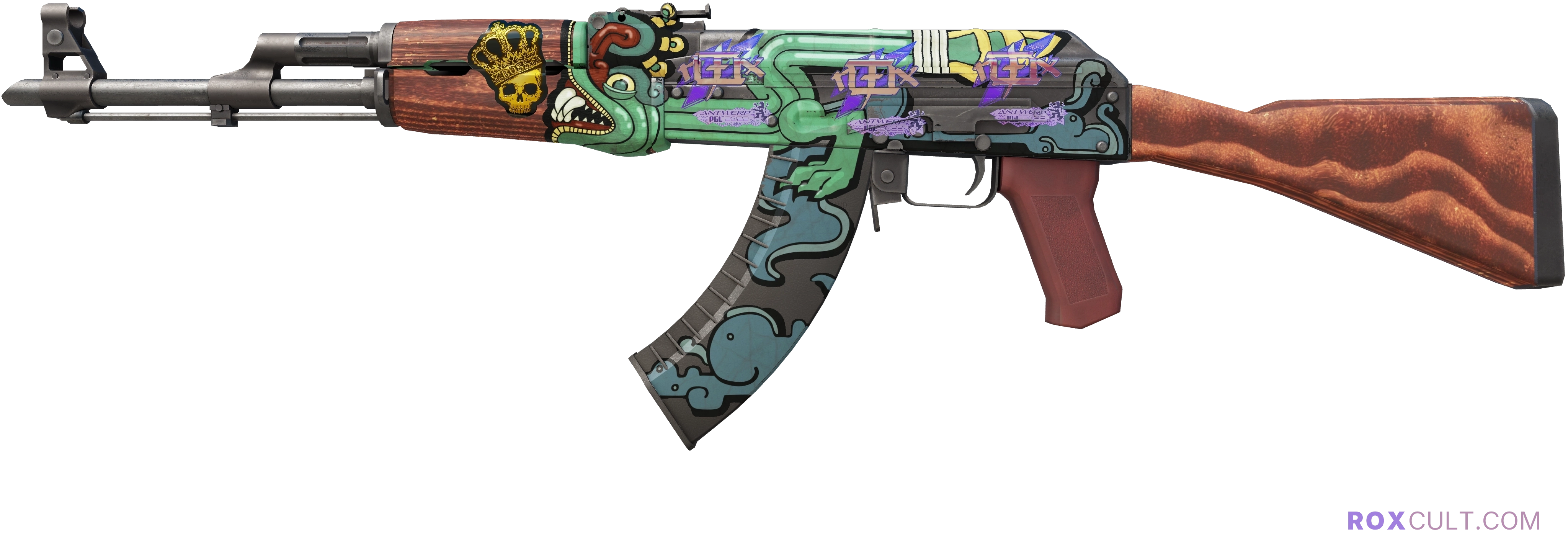 AK-47 | Fire Serpent (Minimal Wear) — rox (Holo) Antwerp 2022 craft, playside view with 3 rox (Holo) stickers