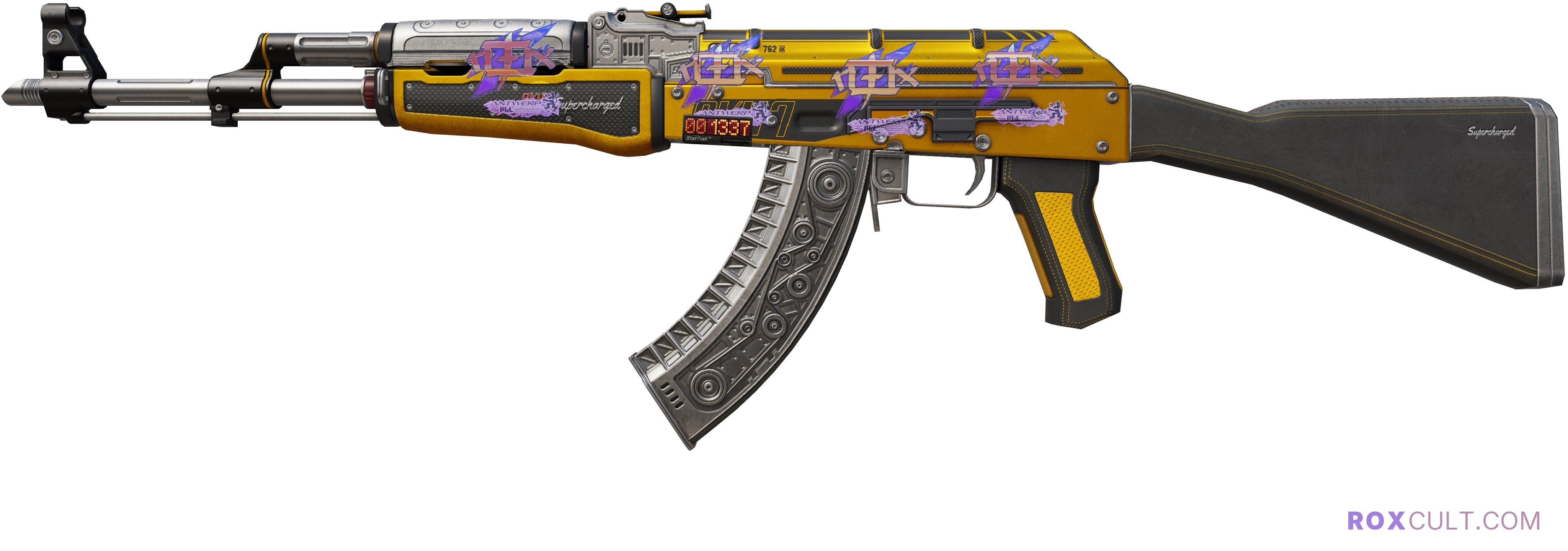 StatTrak™ AK-47 | Fuel Injector (Field-Tested) — rox (Holo) Antwerp 2022 craft, playside view with 4 rox (Holo) stickers