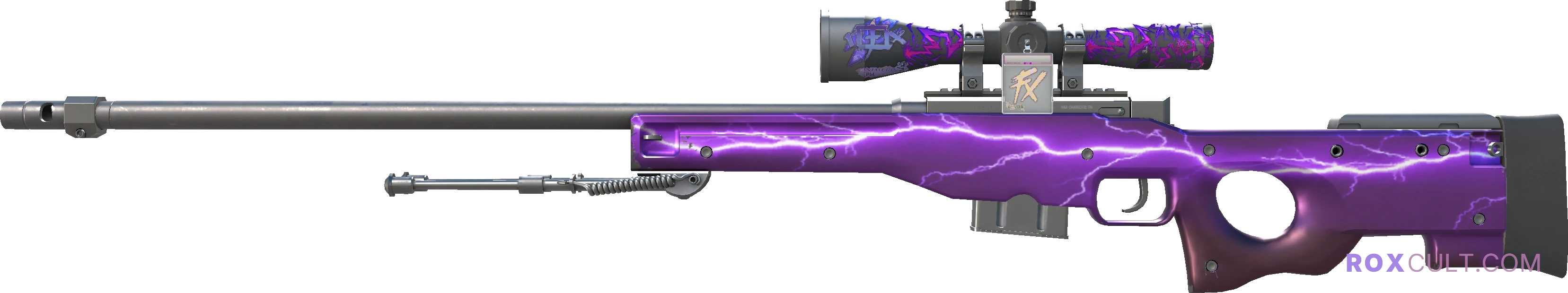 AWP | Lightning Strike (Factory New) — rox (Holo) Antwerp 2022 craft, playside view with 1 rox (Holo) sticker