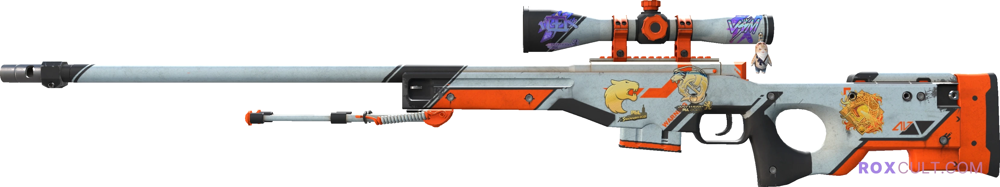 AWP | Asiimov (Well-Worn) — rox (Holo) Antwerp 2022 craft, playside view with 1 rox (Holo) sticker