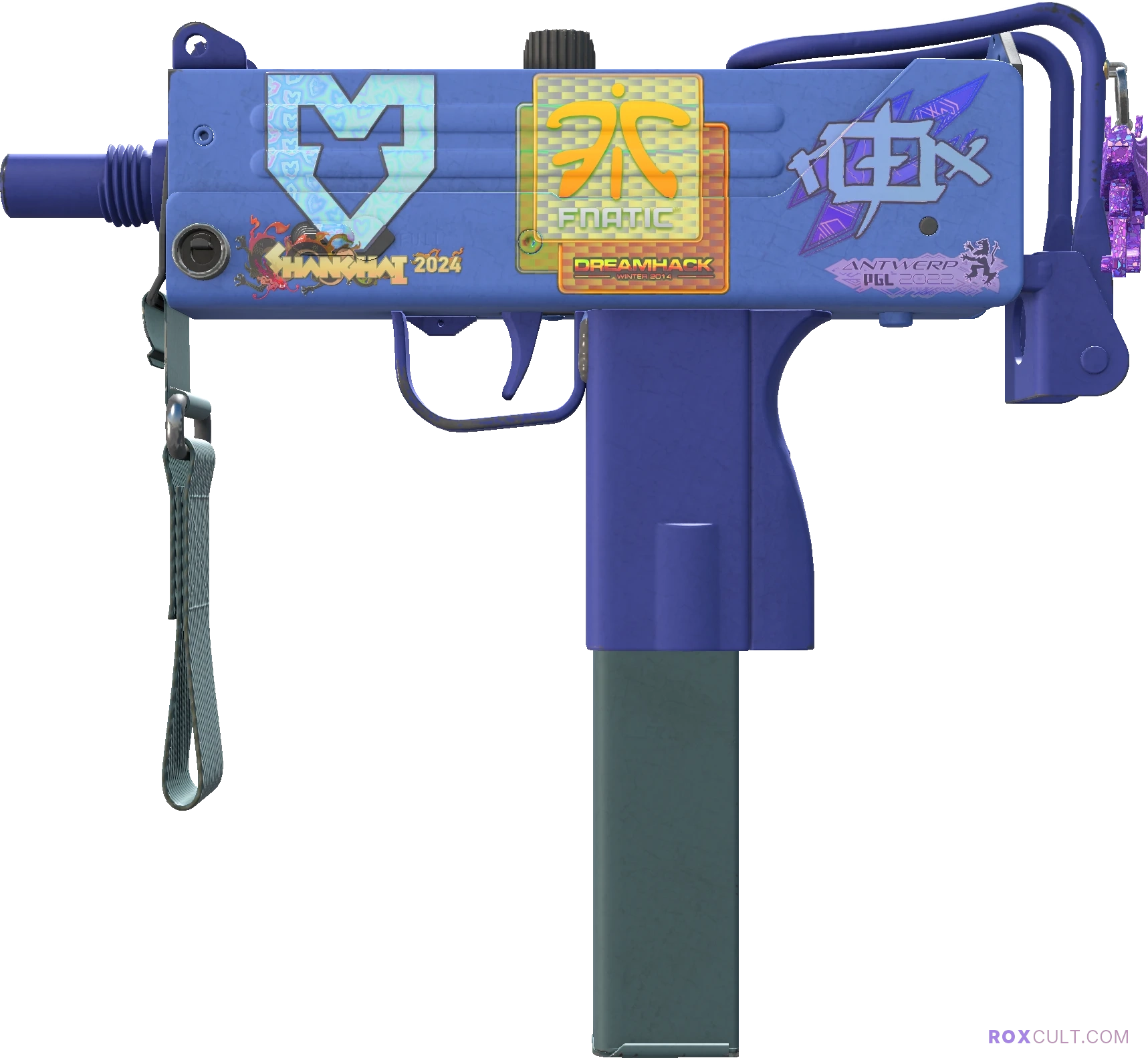 MAC-10 | Indigo (Minimal Wear) — rox (Holo) Antwerp 2022 craft, playside view with 1 rox (Holo) sticker