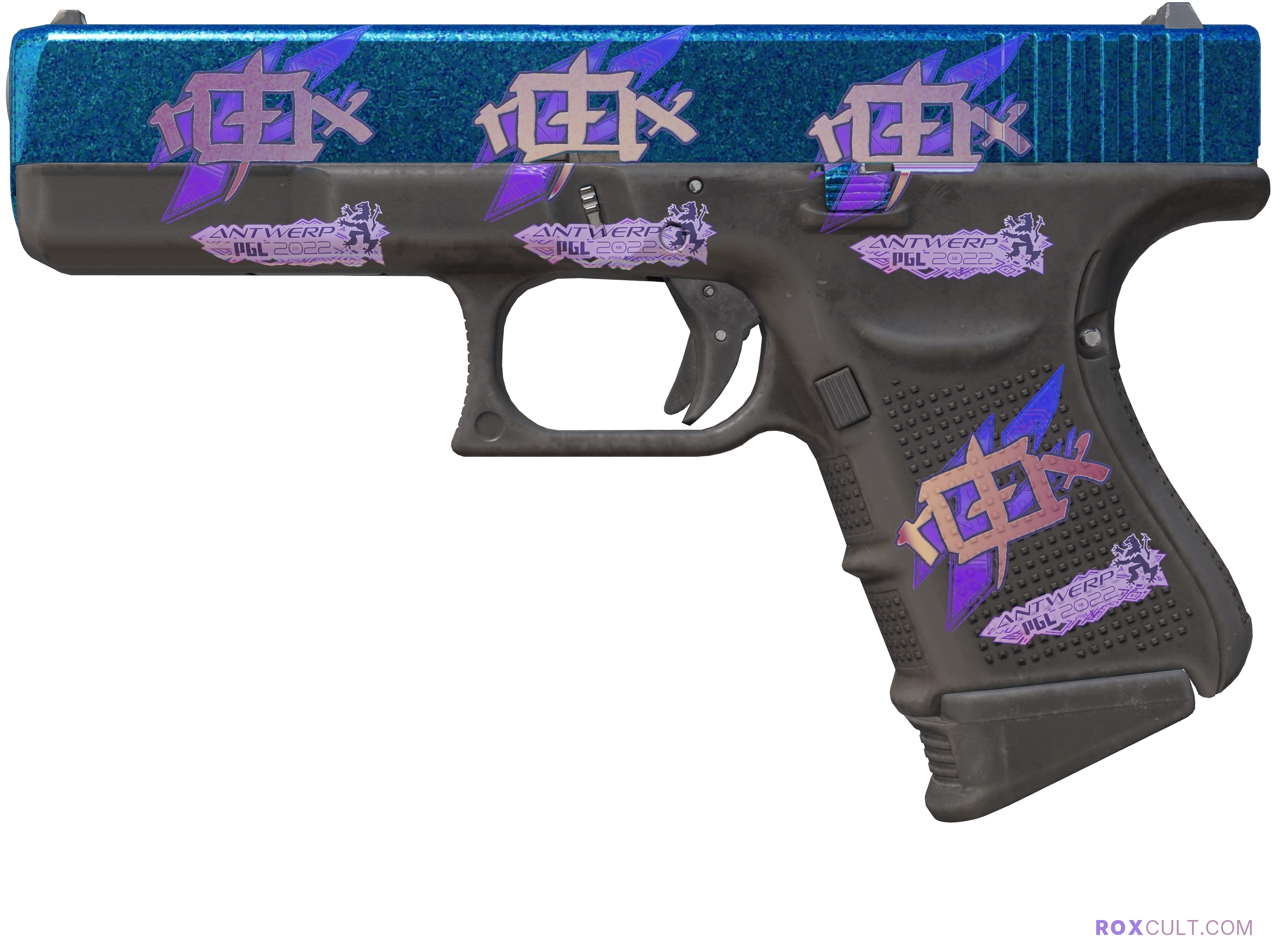 Glock-18 | Twilight Galaxy (Factory New) — rox (Holo) Antwerp 2022 craft, playside view with 4 rox (Holo) stickers