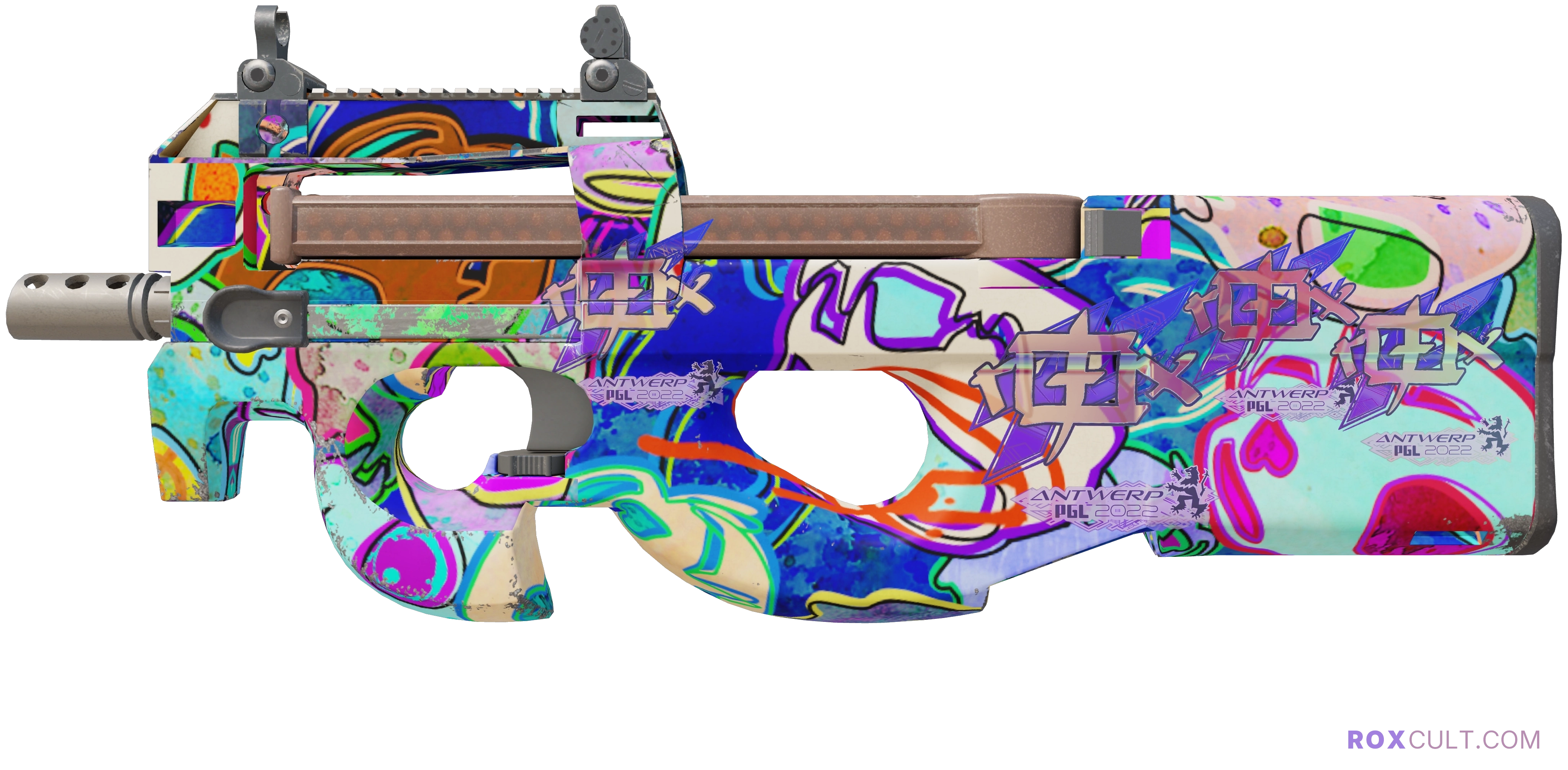 P90 | Death by Kitty (Minimal Wear) — rox (Holo) Antwerp 2022 craft, playside view with 4 rox (Holo) stickers