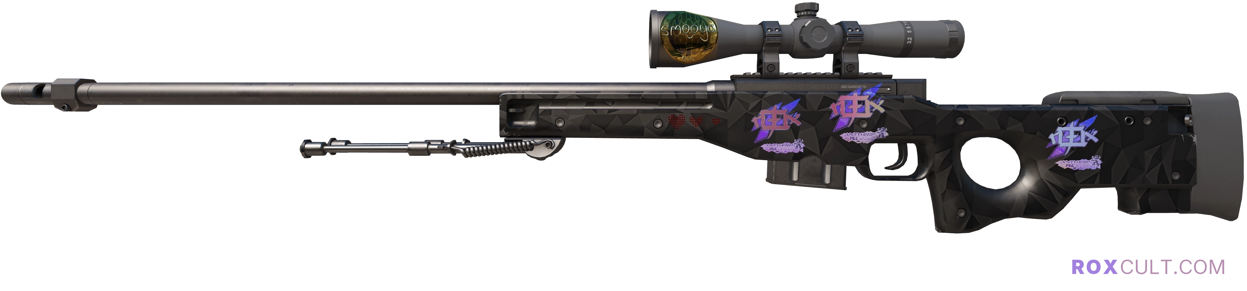AWP | Graphite (Factory New) — rox (Holo) Antwerp 2022 craft, playside view with 3 rox (Holo) stickers