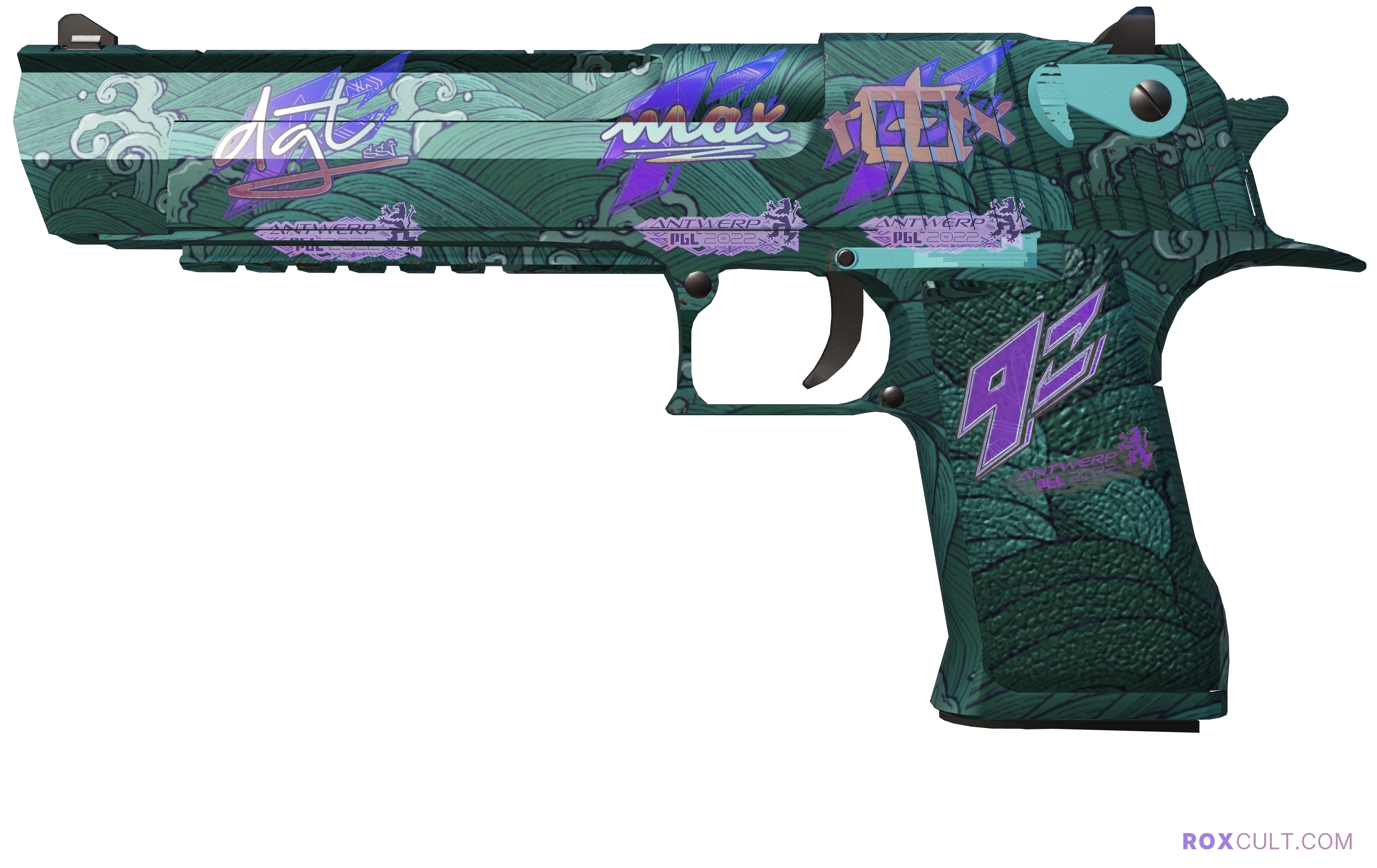 Desert Eagle | Midnight Storm (Factory New) — rox (Holo) Antwerp 2022 craft, playside view with 1 rox (Holo) sticker