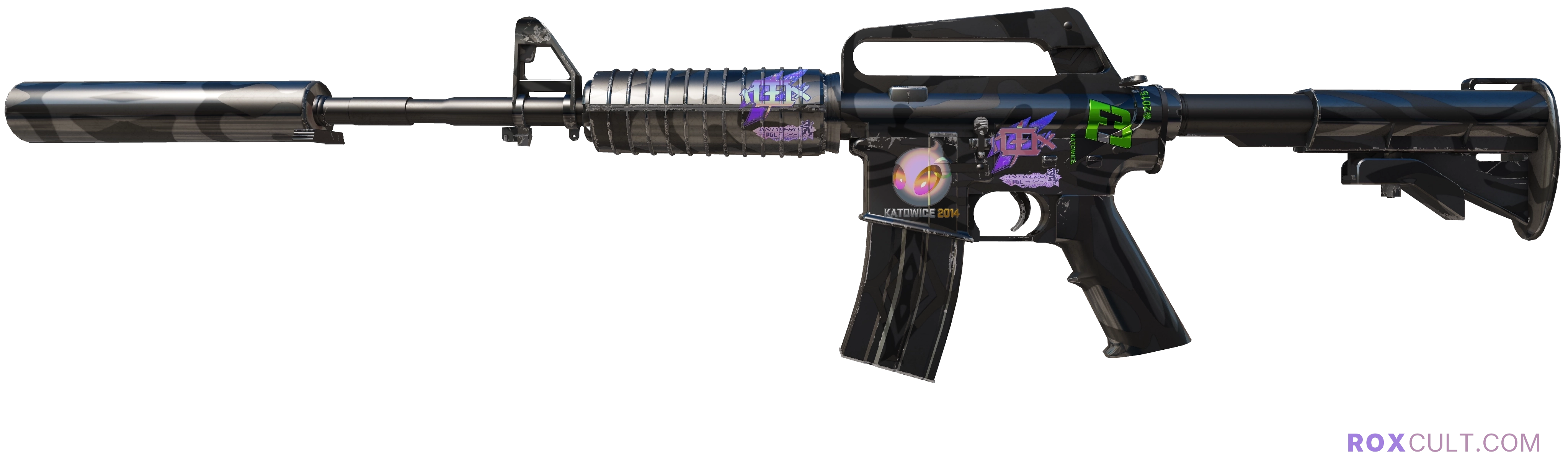 M4A1-S | Dark Water (Minimal Wear) — rox (Holo) Antwerp 2022 craft, playside view with 2 rox (Holo) stickers
