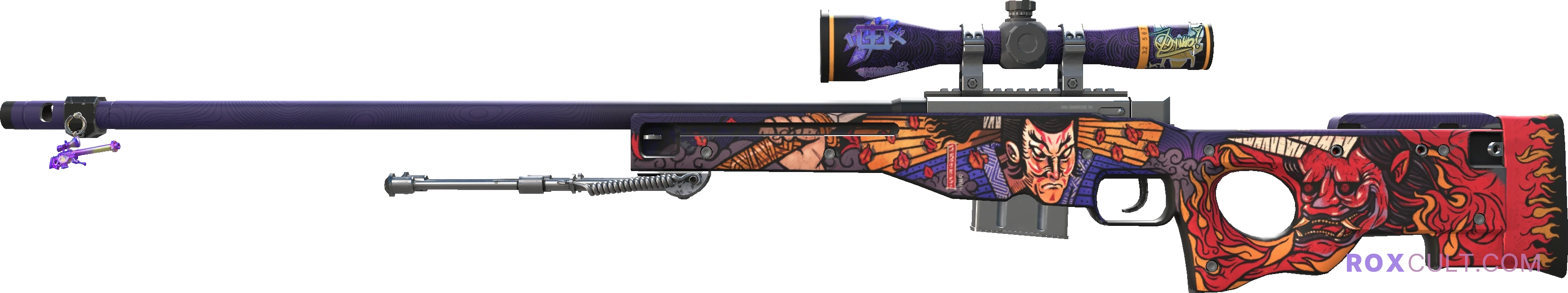 AWP | Oni Taiji (Minimal Wear) — rox (Holo) Antwerp 2022 craft, playside view with 1 rox (Holo) sticker