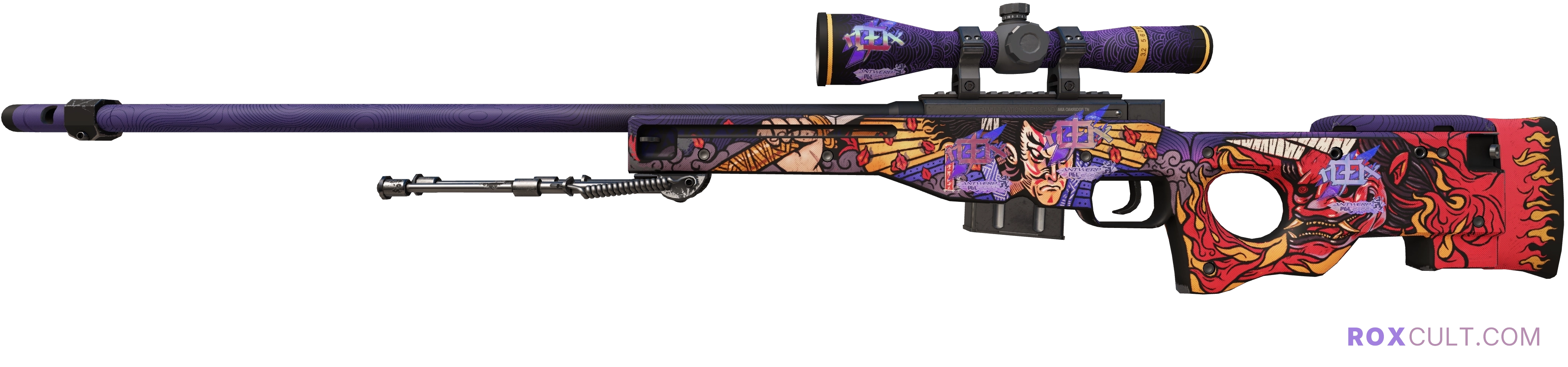 AWP | Oni Taiji (Factory New) — rox (Holo) Antwerp 2022 craft, playside view with 4 rox (Holo) stickers