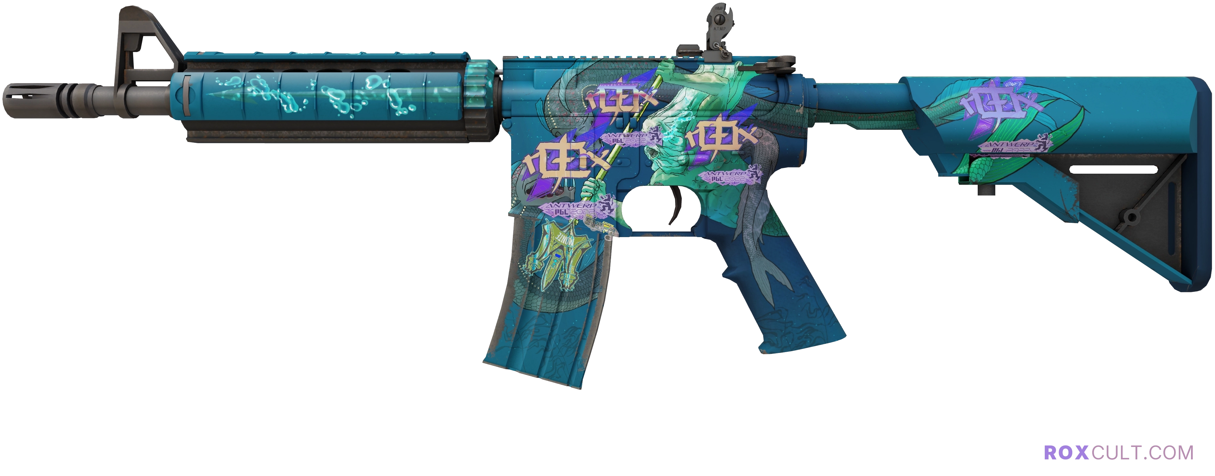 M4A4 | Poseidon (Factory New) — rox (Holo) Antwerp 2022 craft, playside view with 4 rox (Holo) stickers