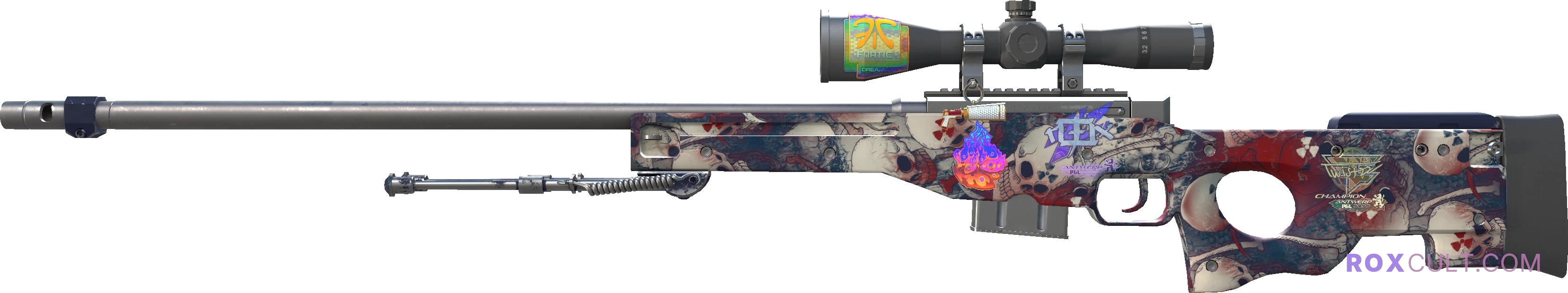 AWP | Acheron (Factory New) — rox (Holo) Antwerp 2022 craft, playside view with 1 rox (Holo) sticker
