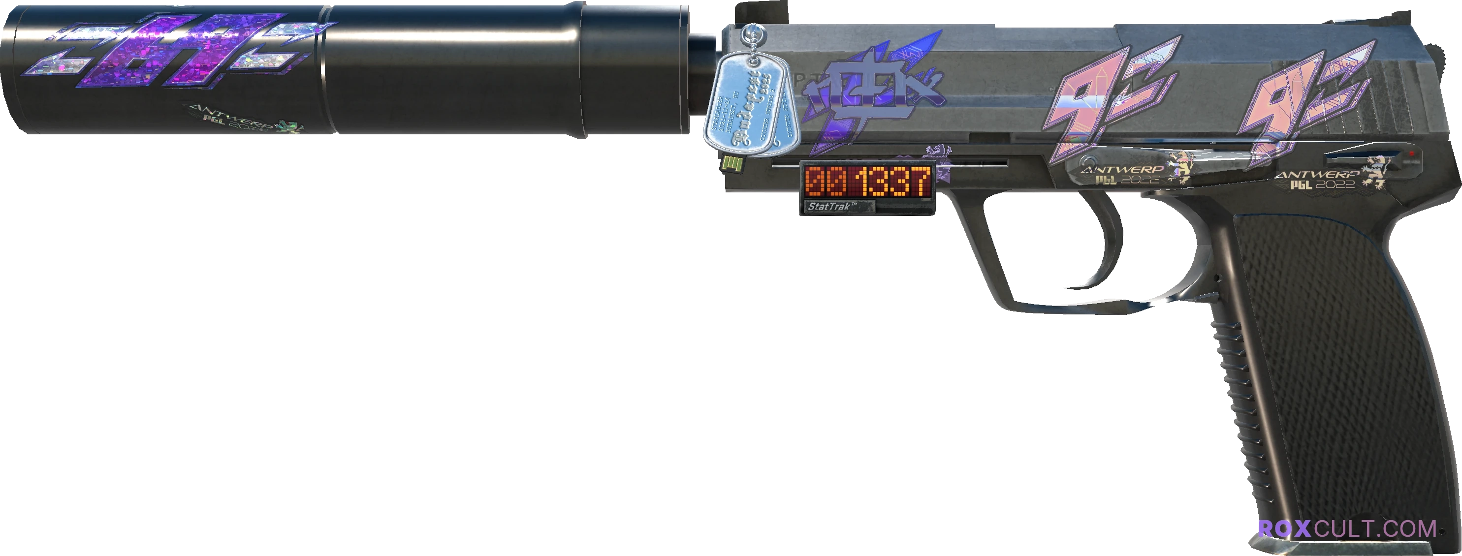 StatTrak™ USP-S | Stainless (Field-Tested) — rox (Holo) Antwerp 2022 craft, playside view with 1 rox (Holo) sticker