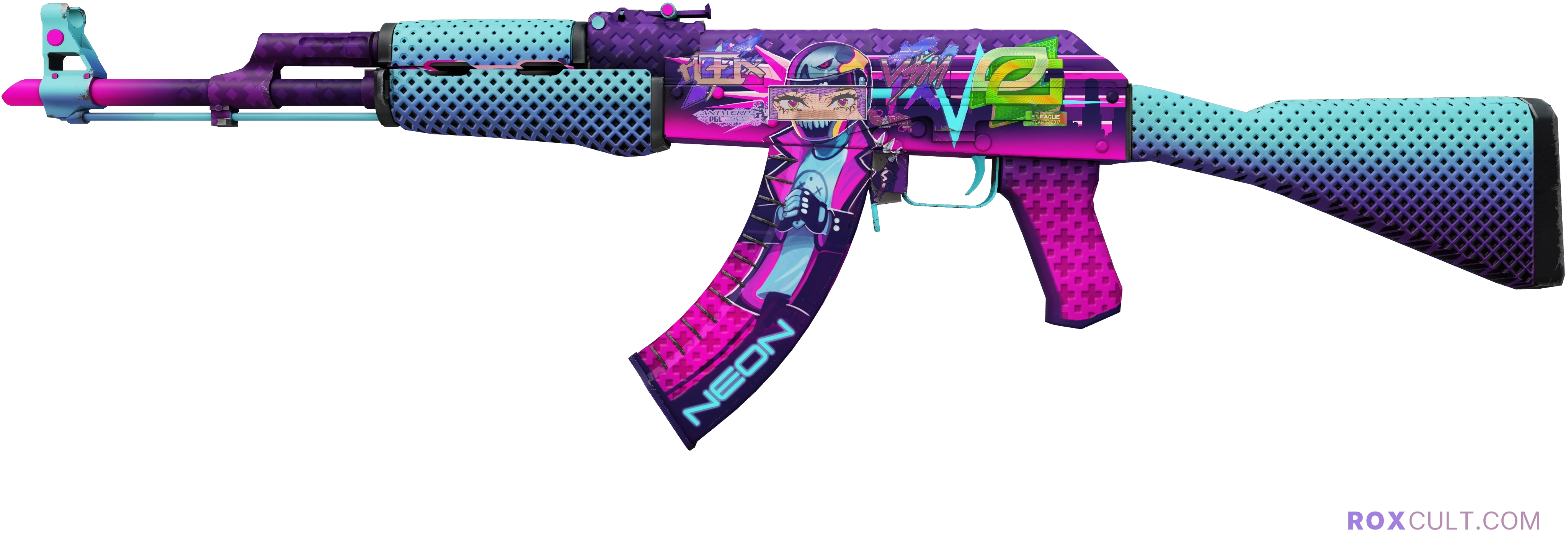 AK-47 | Neon Rider (Factory New) — rox (Holo) Antwerp 2022 craft, playside view with 1 rox (Holo) sticker