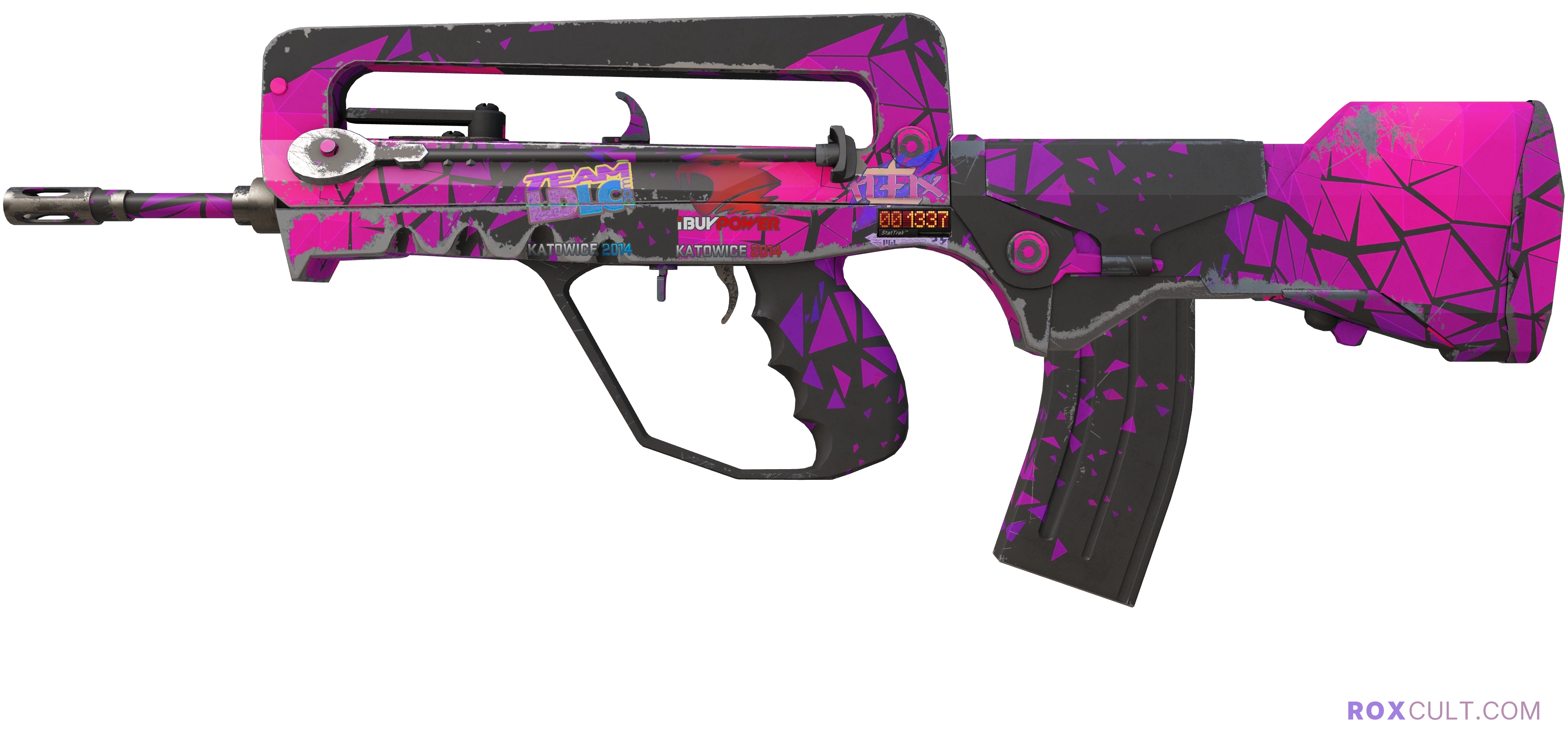 StatTrak™ FAMAS | Pulse (Field-Tested) — rox (Holo) Antwerp 2022 craft, playside view with 1 rox (Holo) sticker