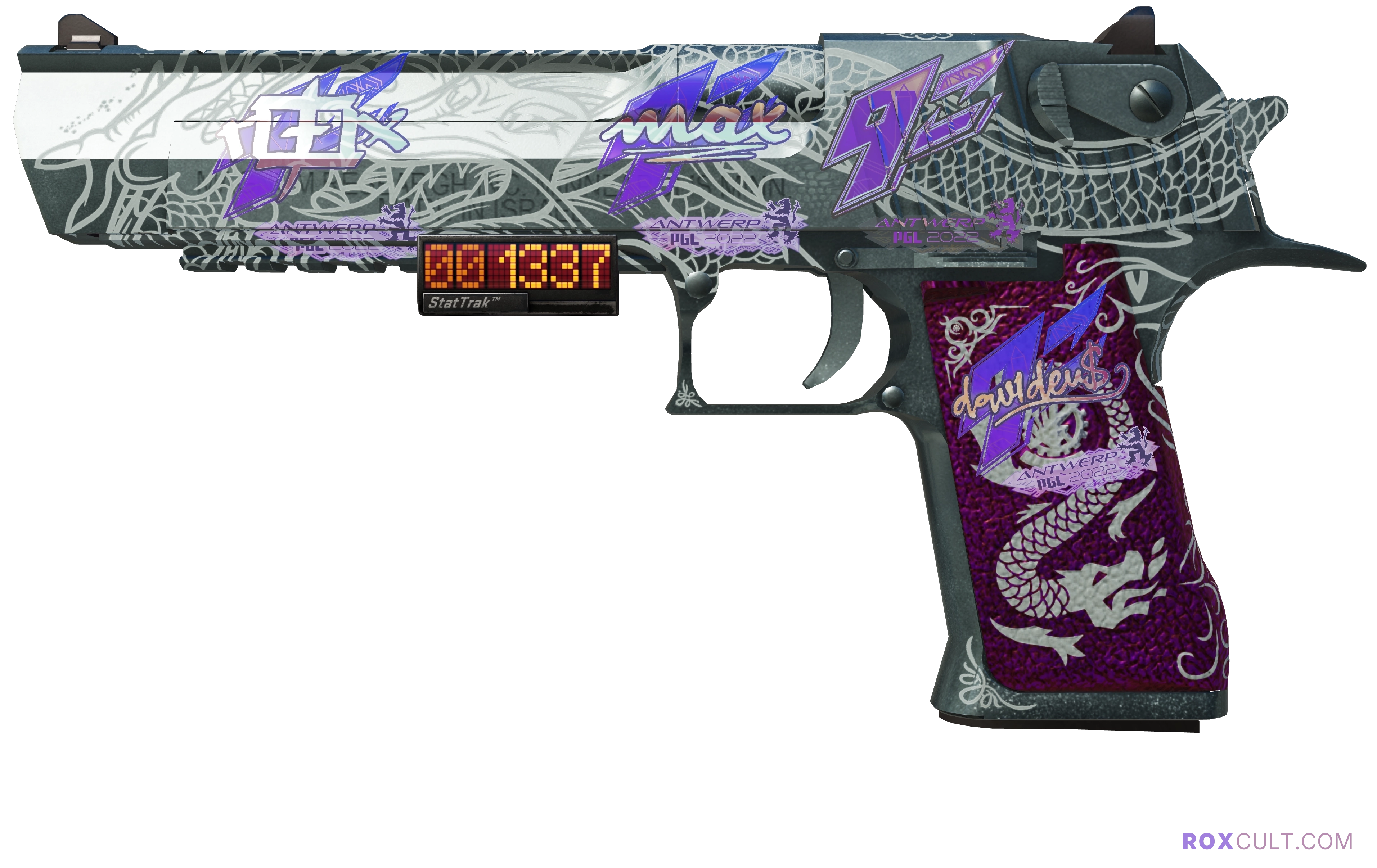 StatTrak™ Desert Eagle | Kumicho Dragon (Factory New) — rox (Holo) Antwerp 2022 craft, playside view with 1 rox (Holo) sticker
