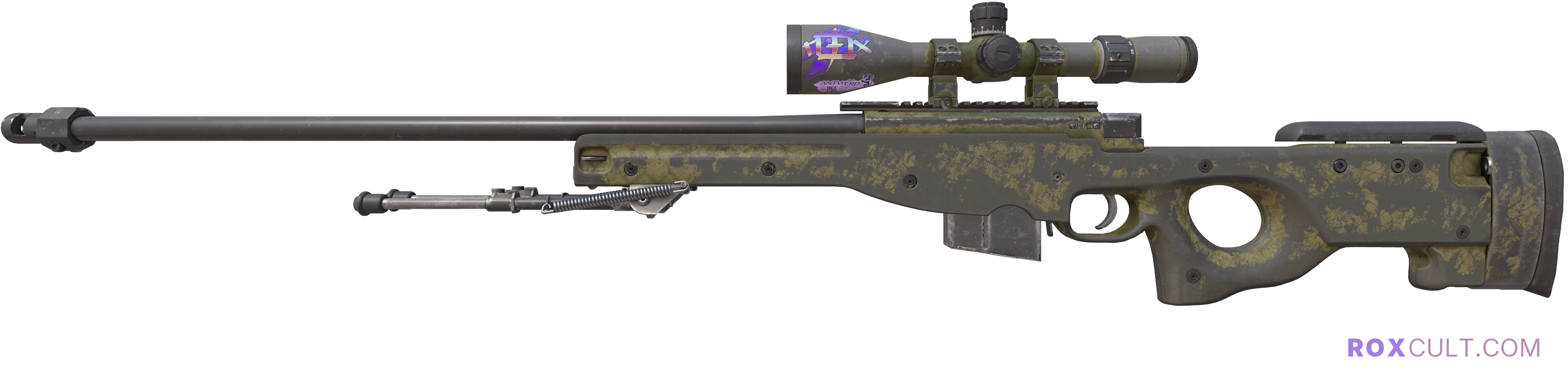 AWP | Safari Mesh (Battle-Scarred) — rox (Holo) Antwerp 2022 craft, playside view with 1 rox (Holo) sticker