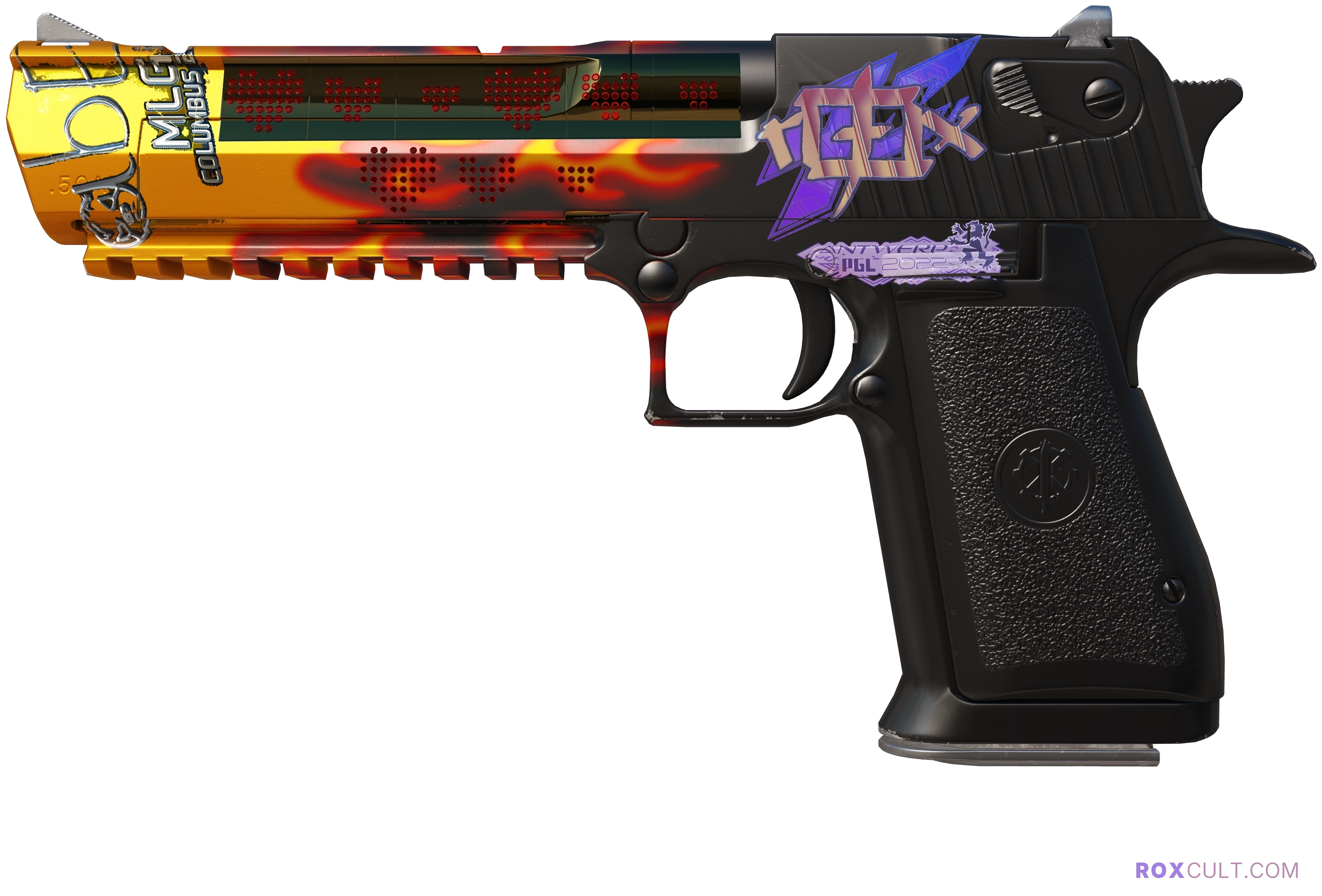 Desert Eagle | Blaze (Factory New) — rox (Holo) Antwerp 2022 craft, playside view with 1 rox (Holo) sticker