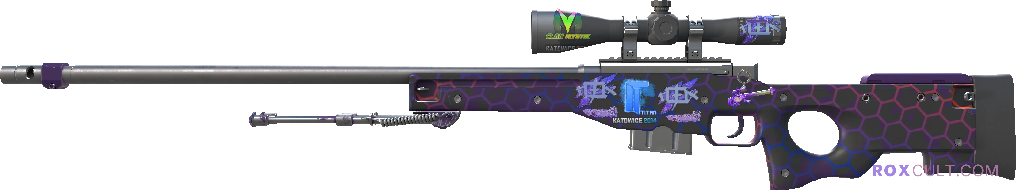 AWP | Electric Hive (Factory New) — rox (Holo) Antwerp 2022 craft, playside view with 3 rox (Holo) stickers