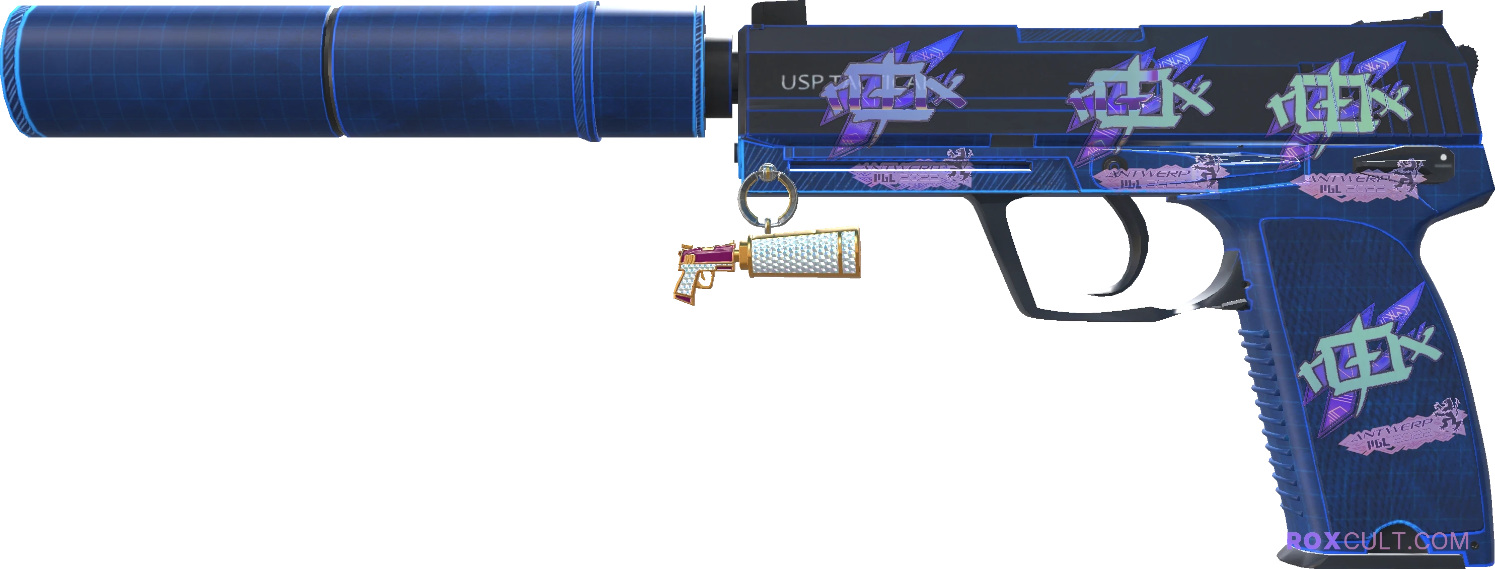 USP-S | Blueprint (Factory New) — rox (Holo) Antwerp 2022 craft, playside view with 4 rox (Holo) stickers