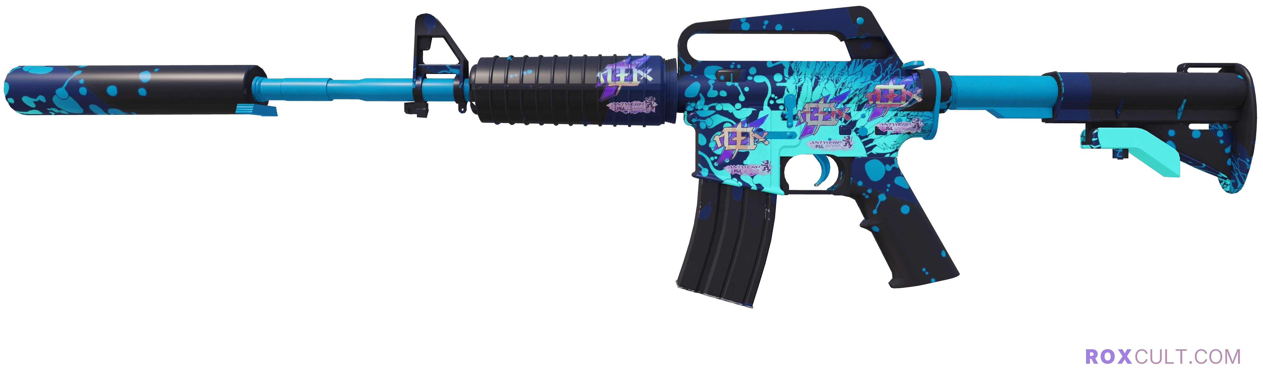 M4A1-S | Icarus Fell (Factory New) — rox (Holo) Antwerp 2022 craft, playside view with 4 rox (Holo) stickers