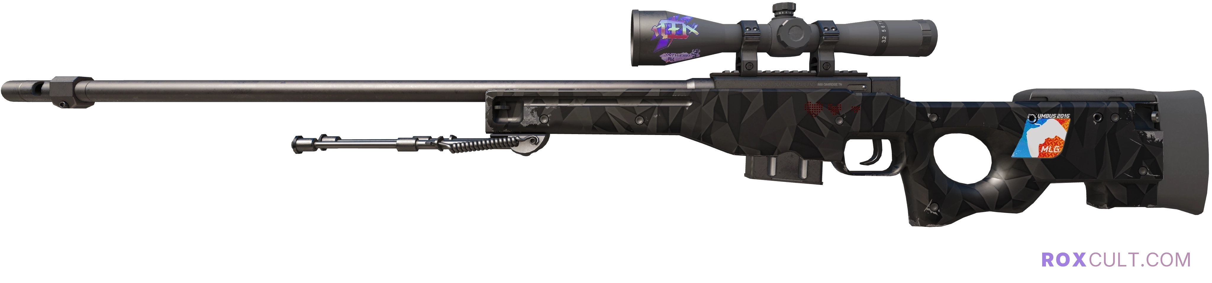 AWP | Graphite (Minimal Wear) — rox (Holo) Antwerp 2022 craft, playside view with 1 rox (Holo) sticker