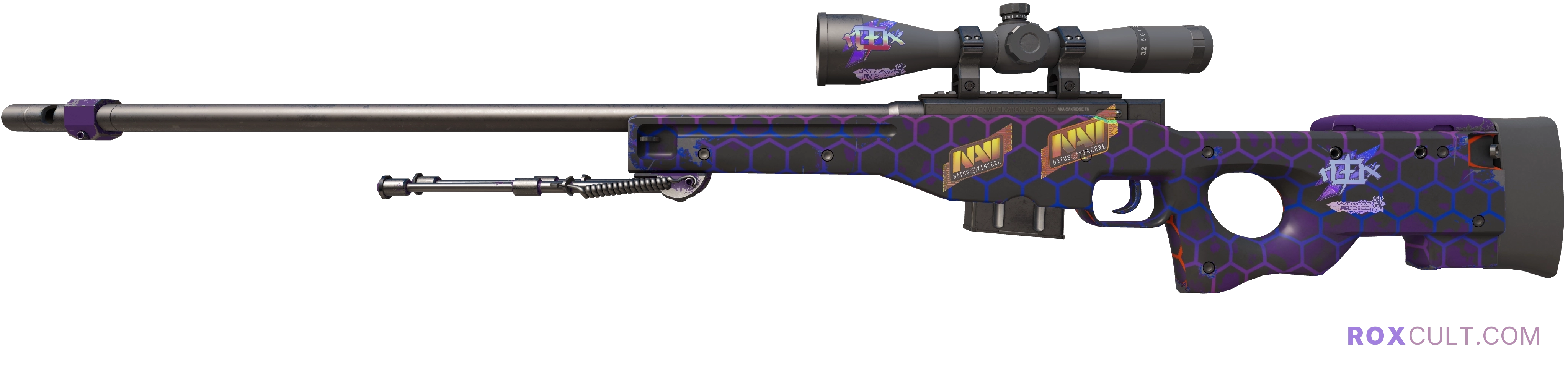 AWP | Electric Hive (Minimal Wear) — rox (Holo) Antwerp 2022 craft, playside view with 2 rox (Holo) stickers