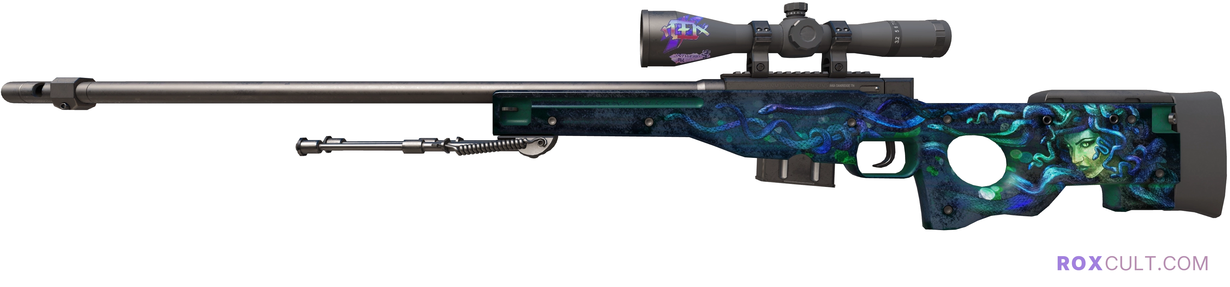 AWP | Medusa (Battle-Scarred) — rox (Holo) Antwerp 2022 craft, playside view with 1 rox (Holo) sticker