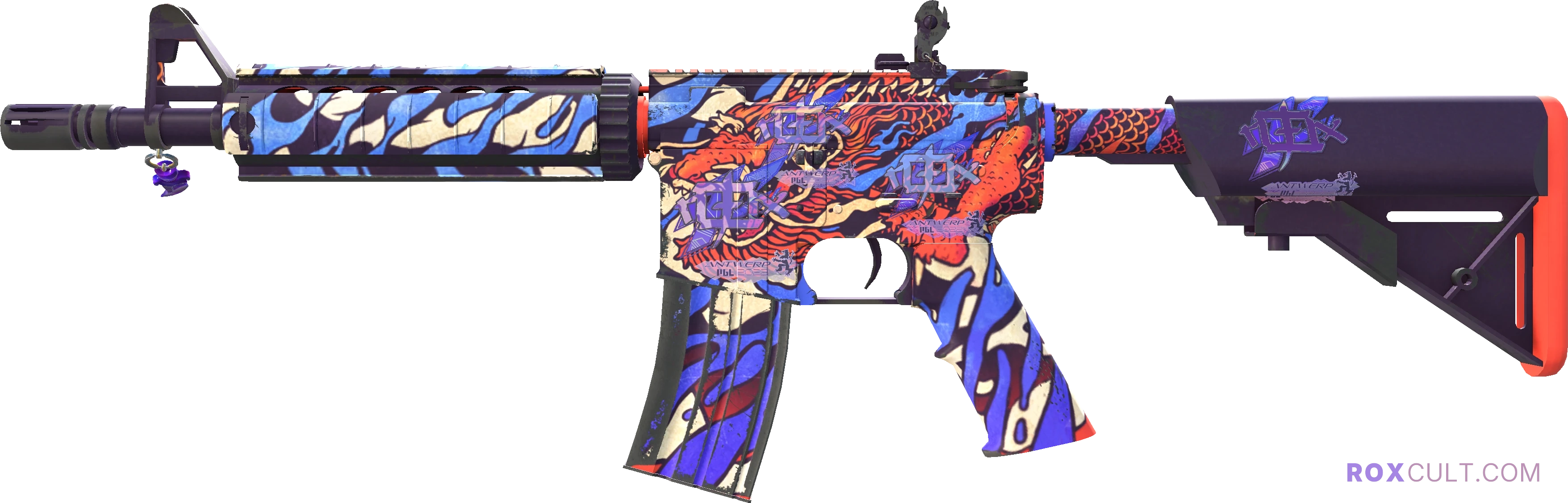 M4A4 | 龍王 (Dragon King) (Factory New) — rox (Holo) Antwerp 2022 craft, playside view with 4 rox (Holo) stickers