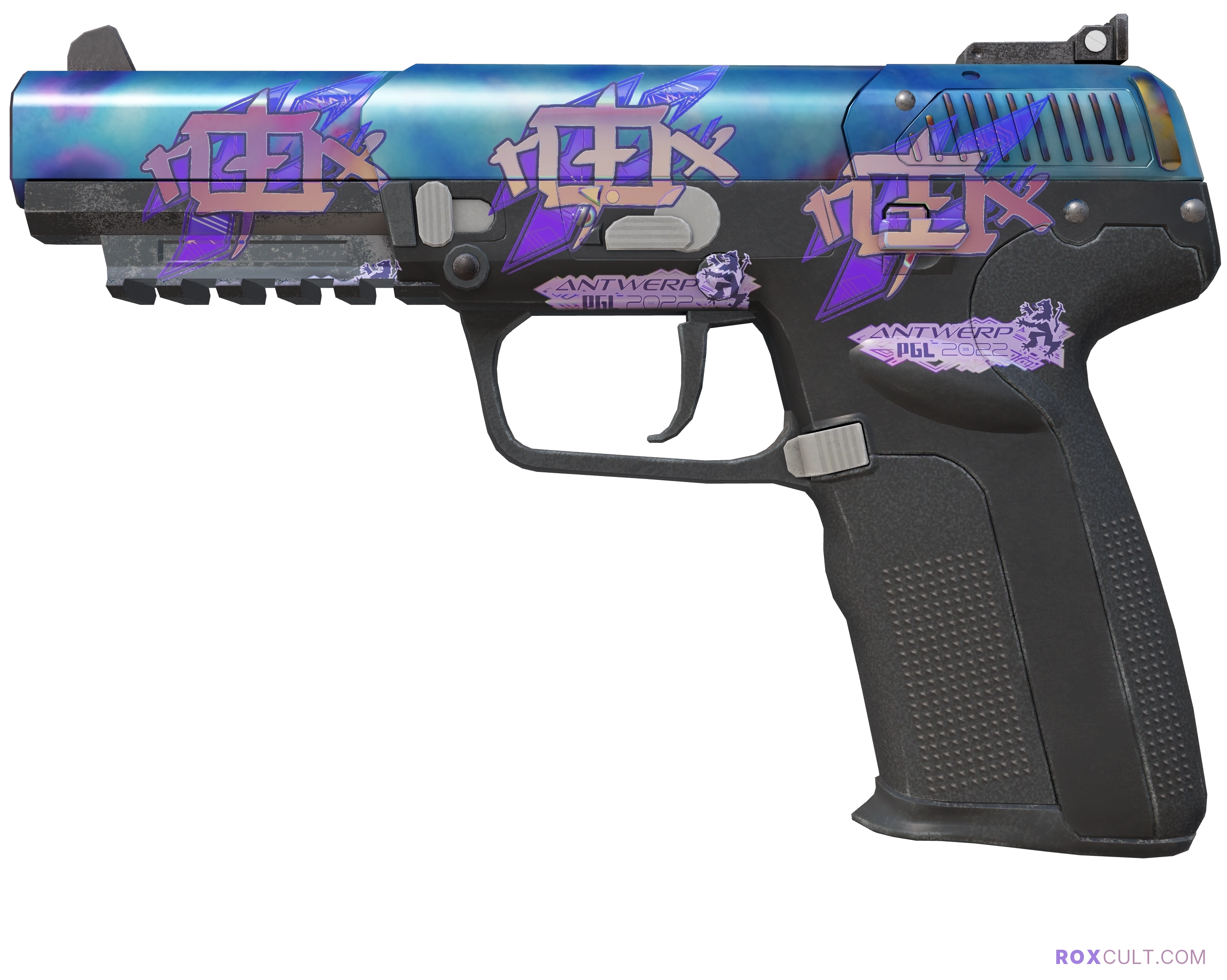 Five-SeveN | Case Hardened (Minimal Wear) — rox (Holo) Antwerp 2022 craft, playside view with 3 rox (Holo) stickers