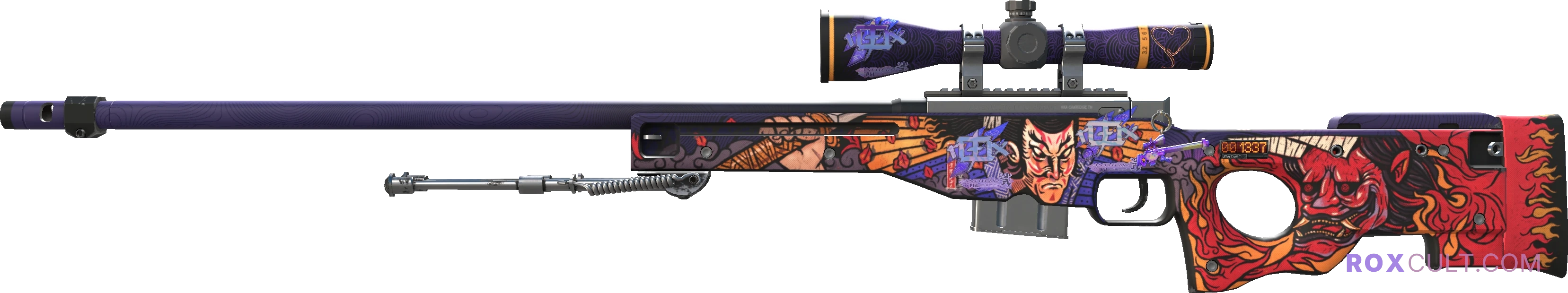 StatTrak™ AWP | Oni Taiji (Factory New) — rox (Holo) Antwerp 2022 craft, playside view with 3 rox (Holo) stickers