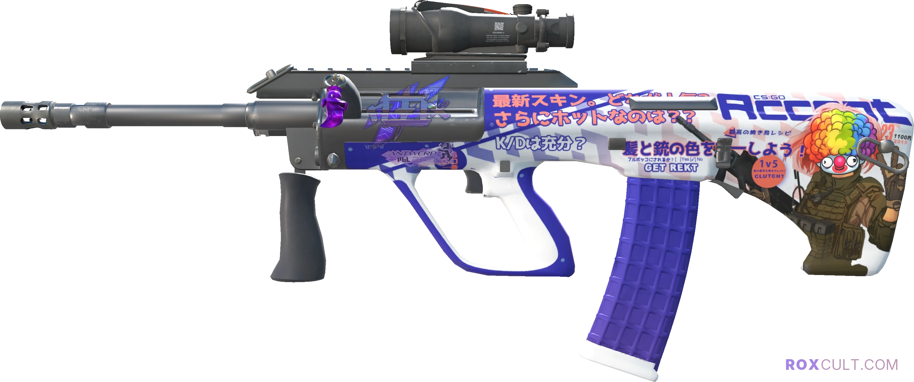 AUG | Akihabara Accept (Factory New) — rox (Holo) Antwerp 2022 craft, playside view with 1 rox (Holo) sticker
