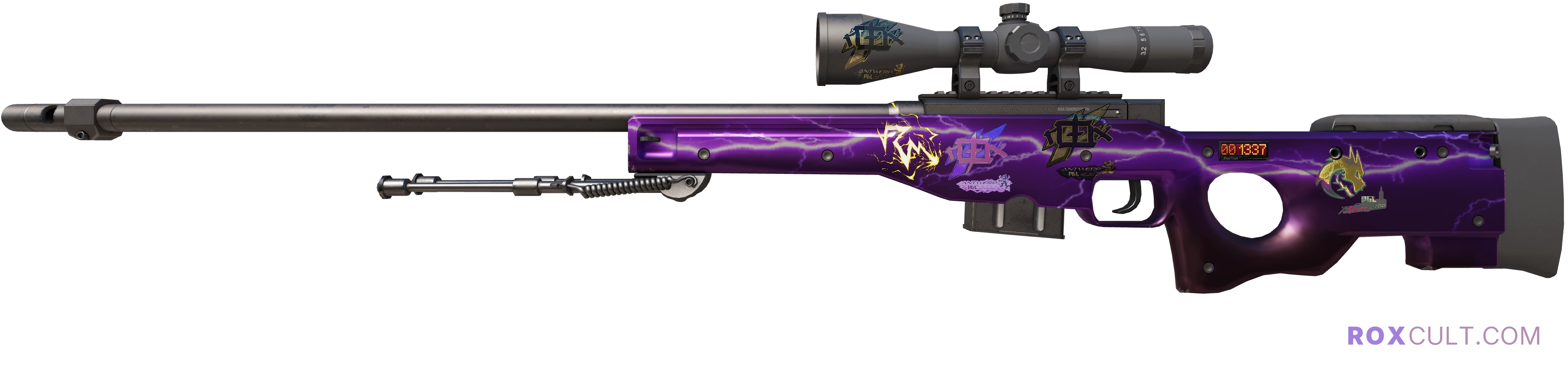 StatTrak™ AWP | Lightning Strike (Factory New) — rox (Holo) Antwerp 2022 craft, playside view with 1 rox (Holo) sticker