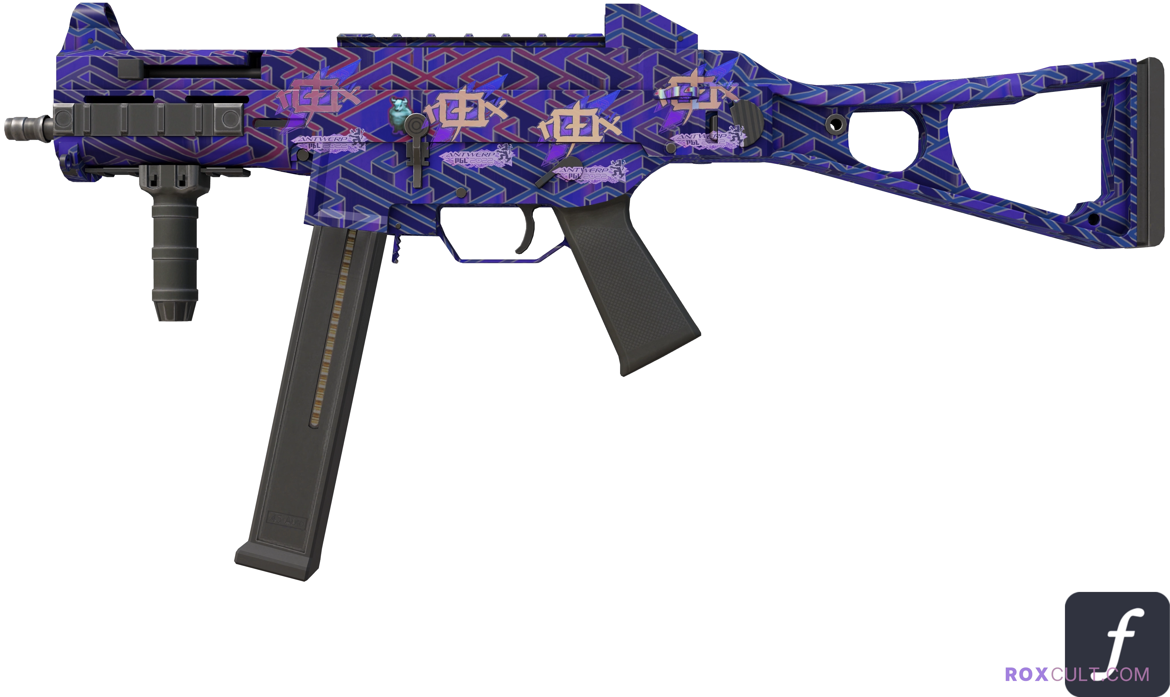 UMP-45 | Minotaur's Labyrinth (Factory New) — rox (Holo) Antwerp 2022 craft, playside view with 4 rox (Holo) stickers