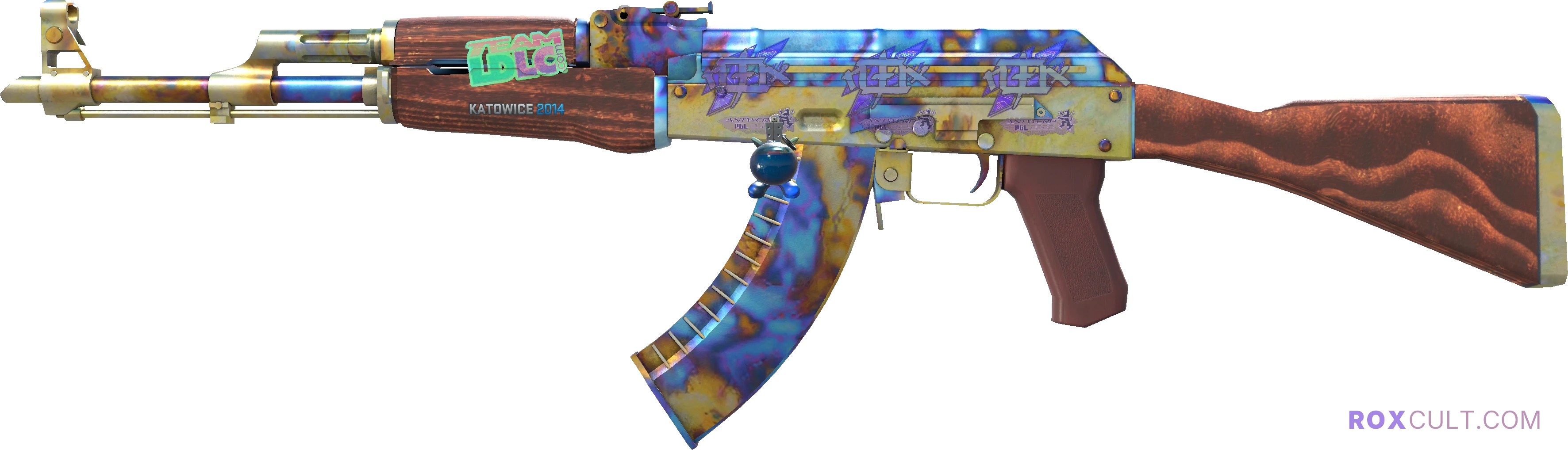 AK-47 | Case Hardened (Minimal Wear) — rox (Holo) Antwerp 2022 craft, playside view with 3 rox (Holo) stickers