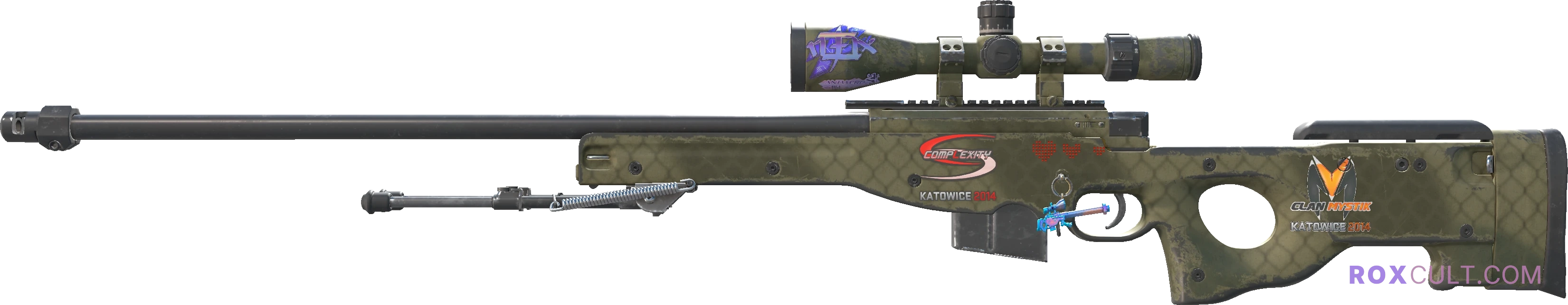 AWP | Safari Mesh (Field-Tested) — rox (Holo) Antwerp 2022 craft, playside view with 1 rox (Holo) sticker