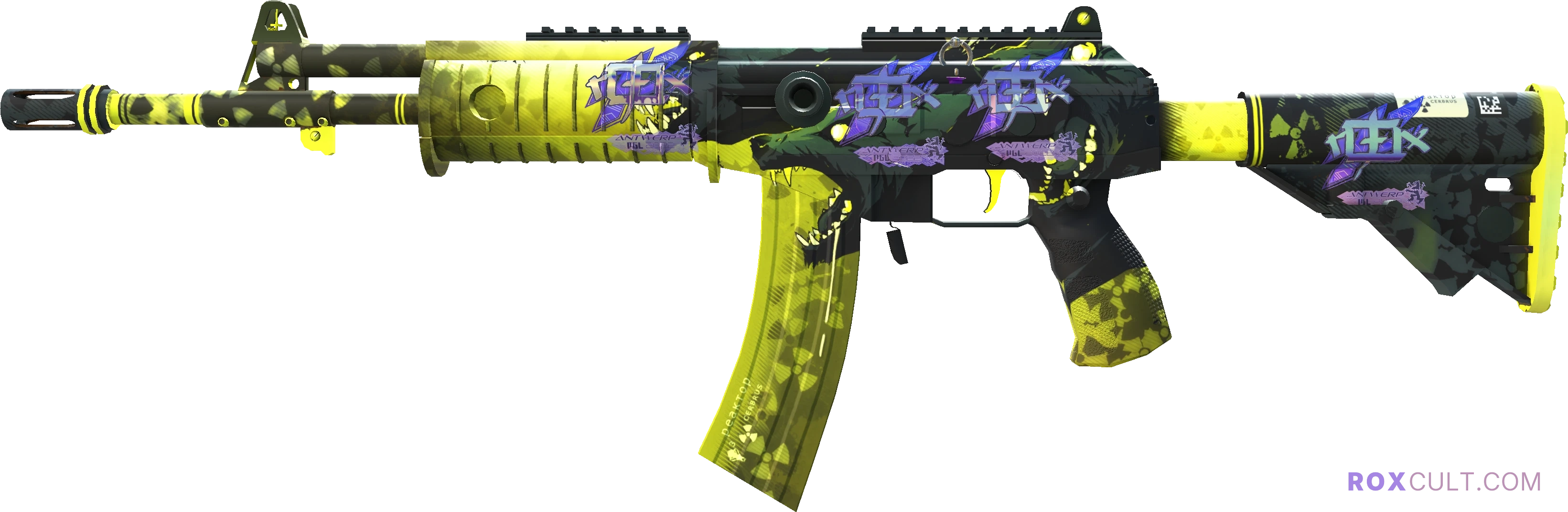 Galil AR | Cerberus (Factory New) — rox (Holo) Antwerp 2022 craft, playside view with 4 rox (Holo) stickers