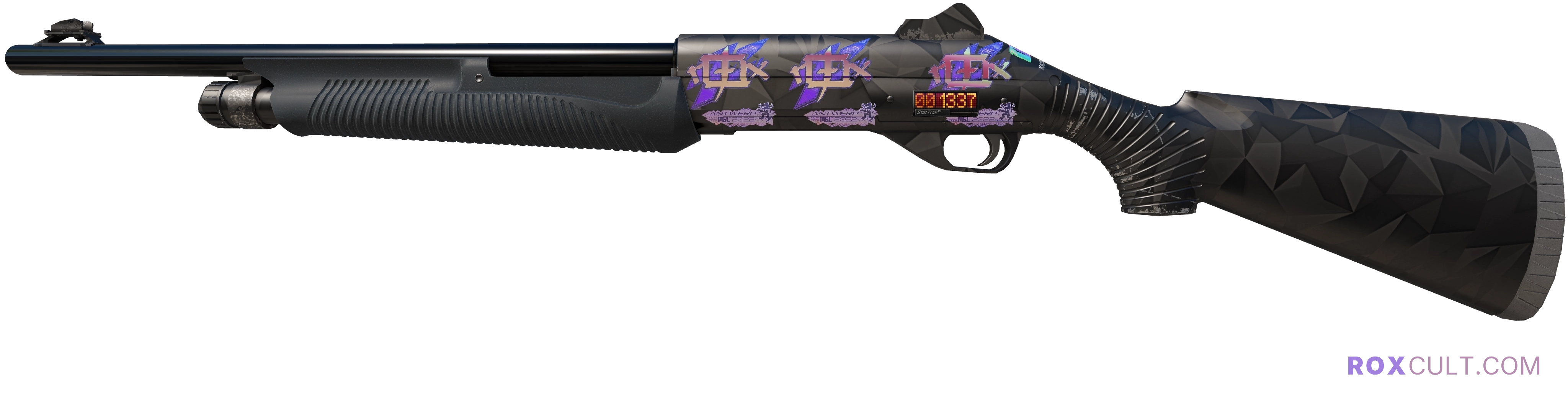 StatTrak™ Nova | Graphite (Factory New) — rox (Holo) Antwerp 2022 craft, playside view with 3 rox (Holo) stickers