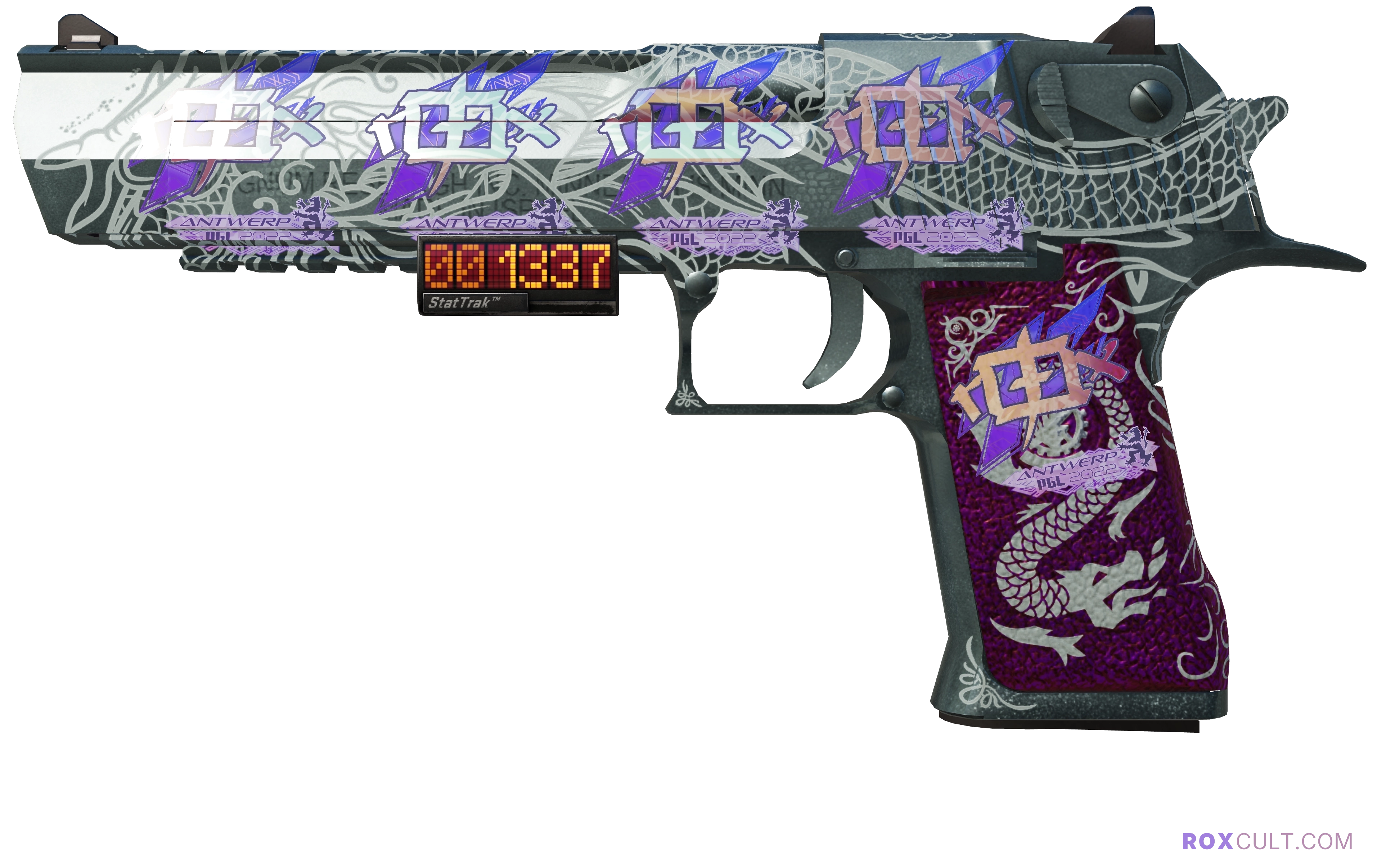 StatTrak™ Desert Eagle | Kumicho Dragon (Minimal Wear) — rox (Holo) Antwerp 2022 craft, playside view with 5 rox (Holo) stickers