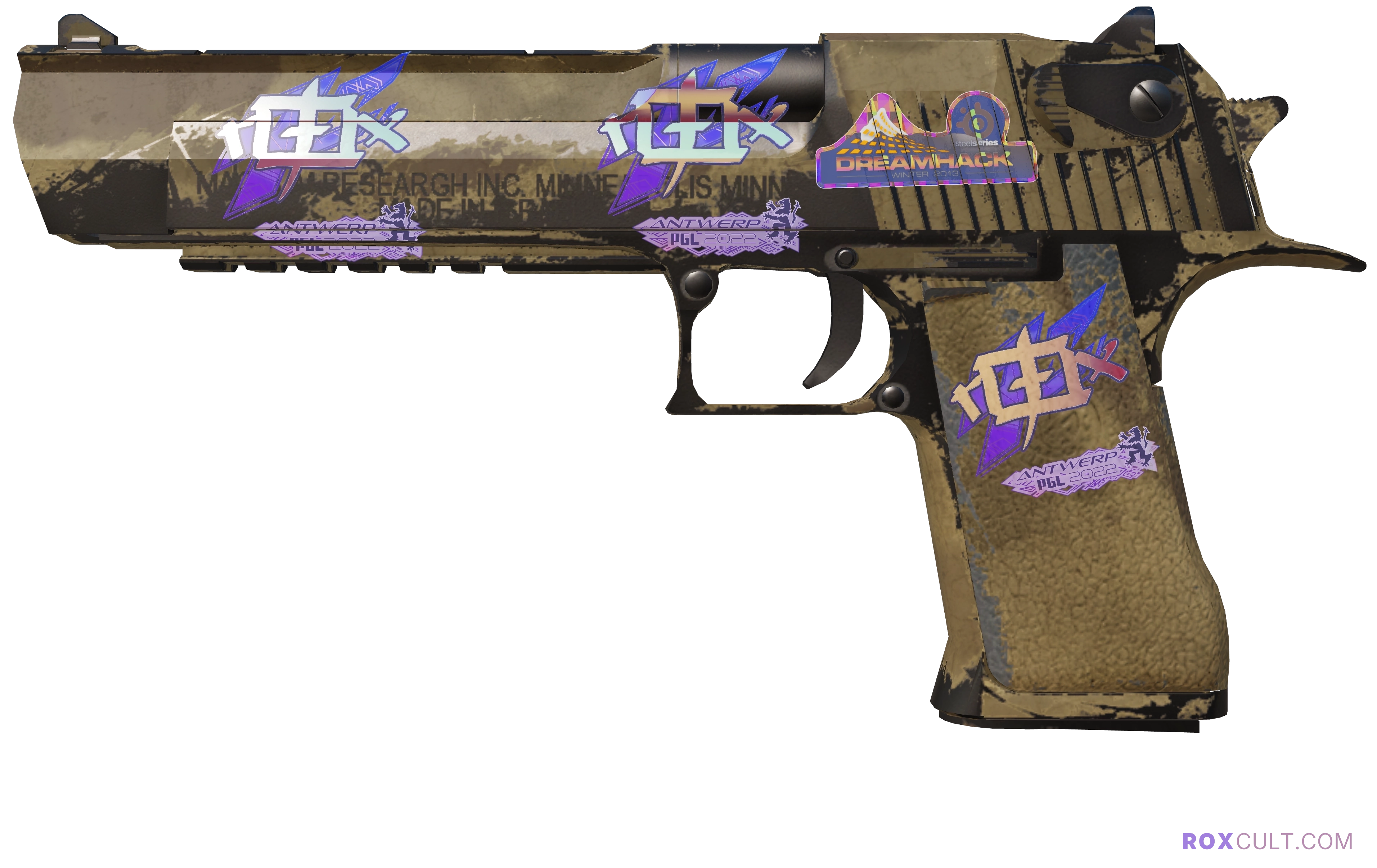 Souvenir Desert Eagle | Mudder (Field-Tested) — rox (Holo) Antwerp 2022 craft, playside view with 3 rox (Holo) stickers