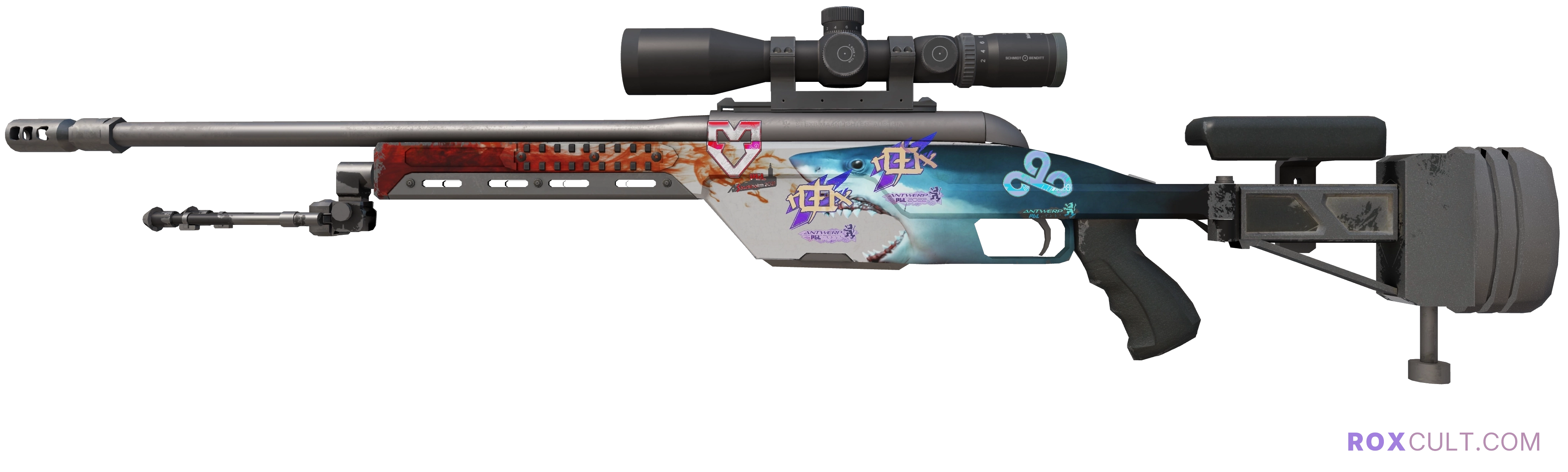 SSG 08 | Blood in the Water (Minimal Wear) — rox (Holo) Antwerp 2022 craft, playside view with 2 rox (Holo) stickers