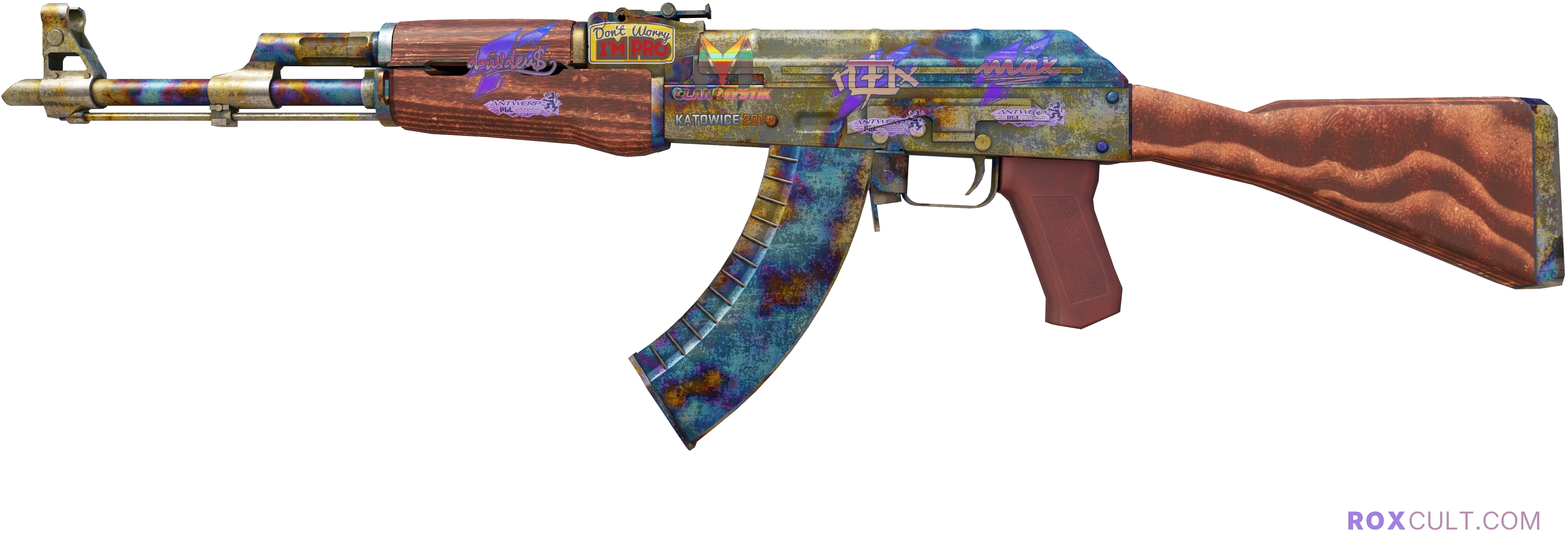 AK-47 | Case Hardened (Battle-Scarred) — rox (Holo) Antwerp 2022 craft, playside view with 1 rox (Holo) sticker