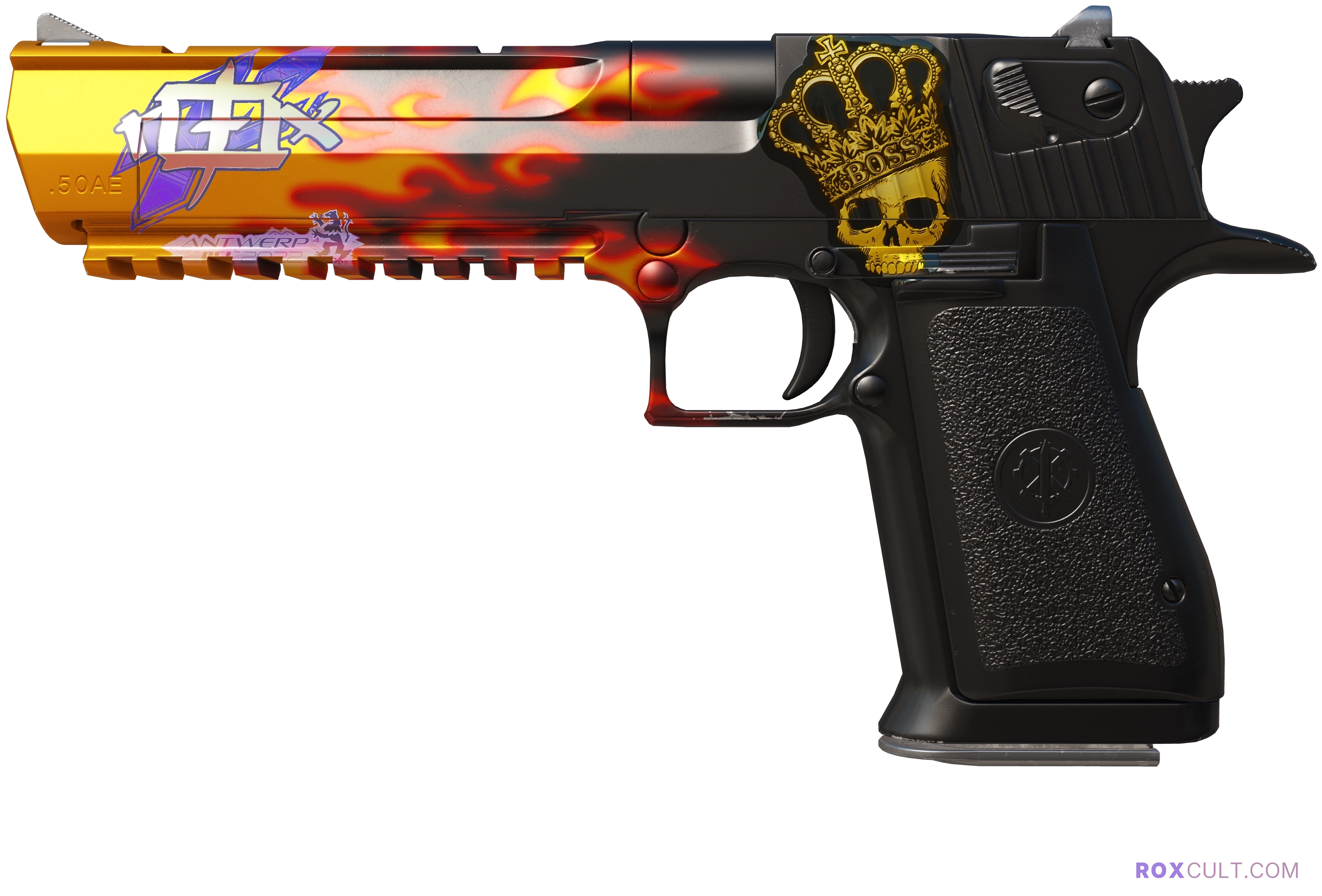 Desert Eagle | Blaze (Factory New) — rox (Holo) Antwerp 2022 craft, playside view with 1 rox (Holo) sticker