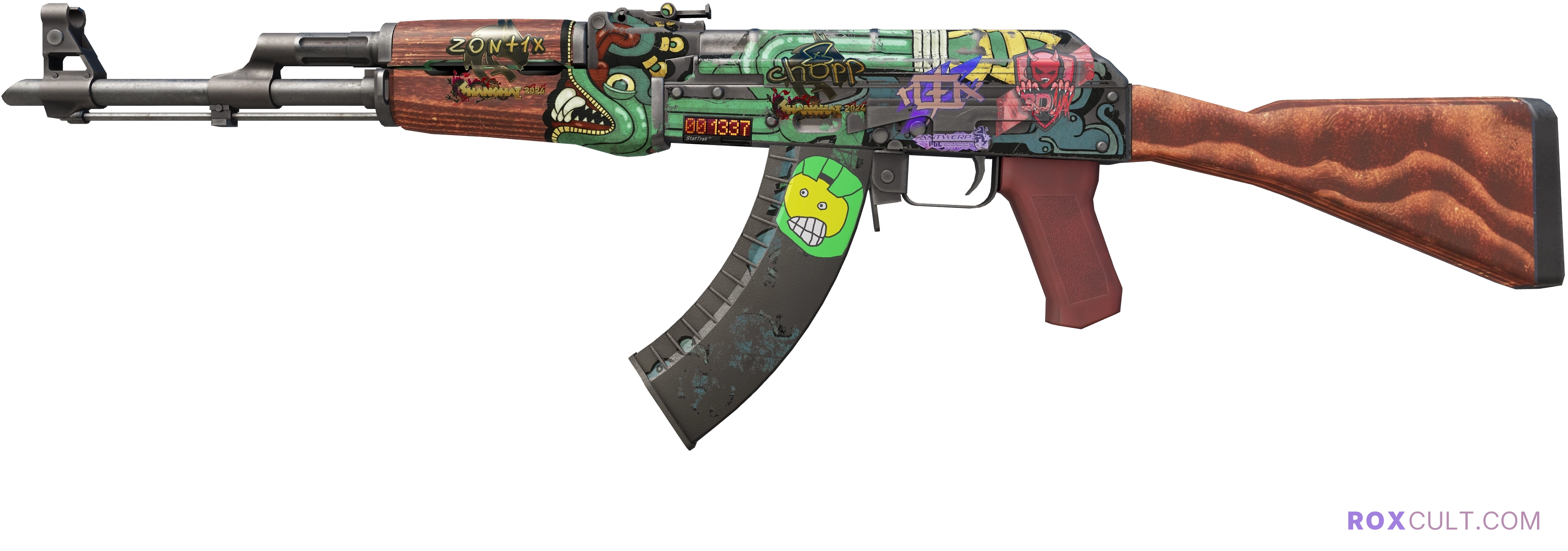 StatTrak™ AK-47 | Fire Serpent (Battle-Scarred) — rox (Holo) Antwerp 2022 craft, playside view with 1 rox (Holo) sticker