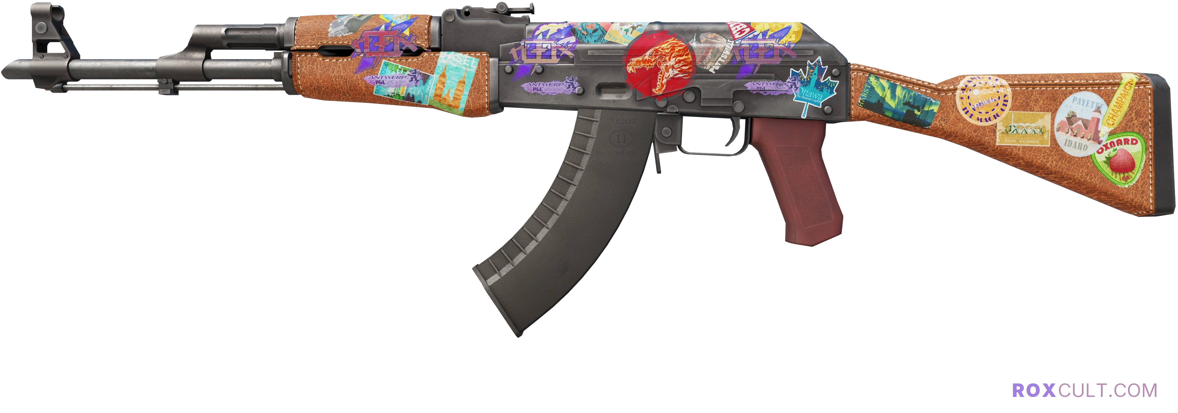 AK-47 | Jet Set (Field-Tested) — rox (Holo) Antwerp 2022 craft, playside view with 3 rox (Holo) stickers