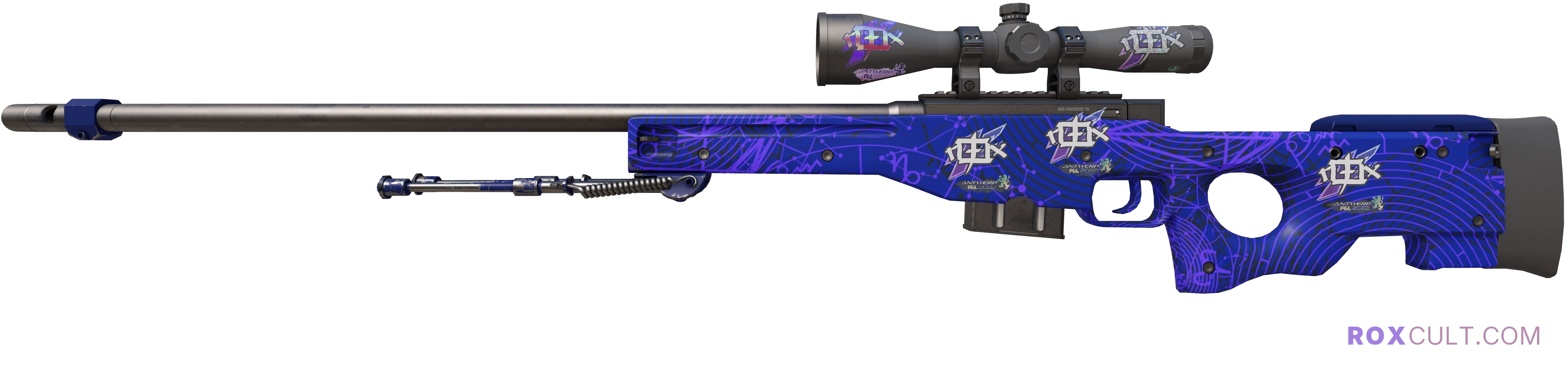 AWP | Sun in Leo (Factory New) — rox (Holo) Antwerp 2022 craft, playside view with 1 rox (Holo) sticker