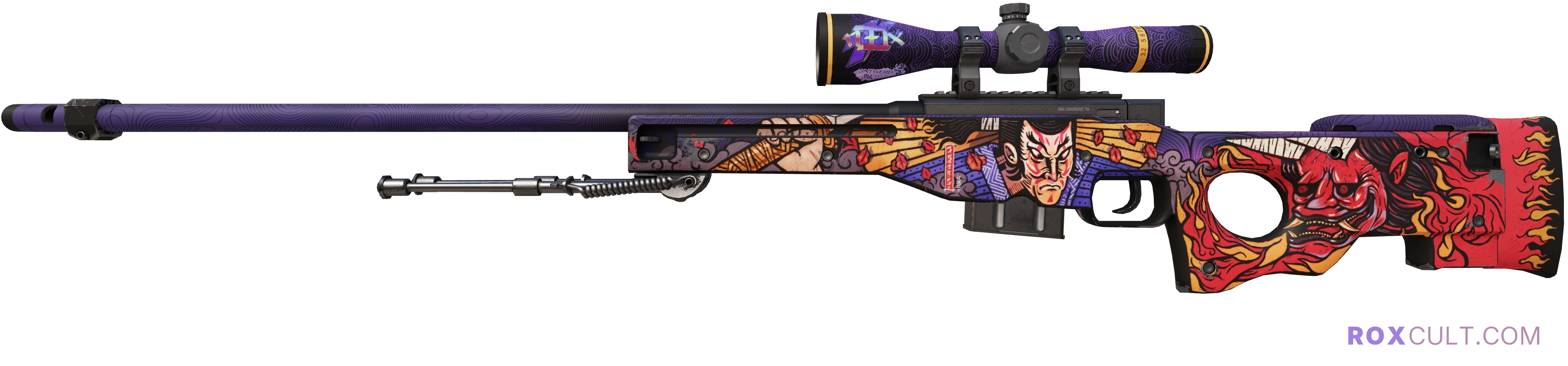 AWP | Oni Taiji (Minimal Wear) — rox (Holo) Antwerp 2022 craft, playside view with 1 rox (Holo) sticker