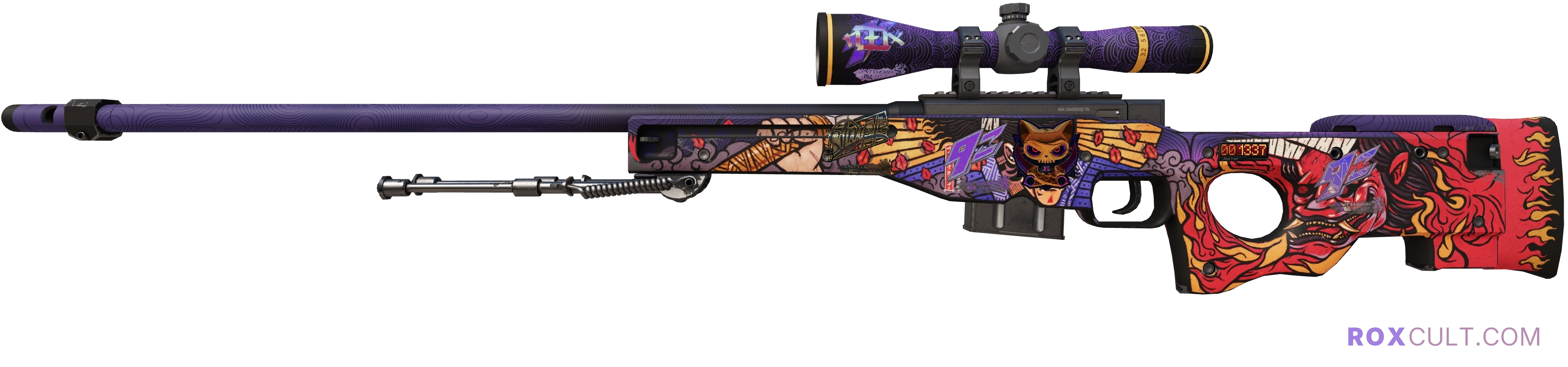 StatTrak™ AWP | Oni Taiji (Factory New) — rox (Holo) Antwerp 2022 craft, playside view with 1 rox (Holo) sticker