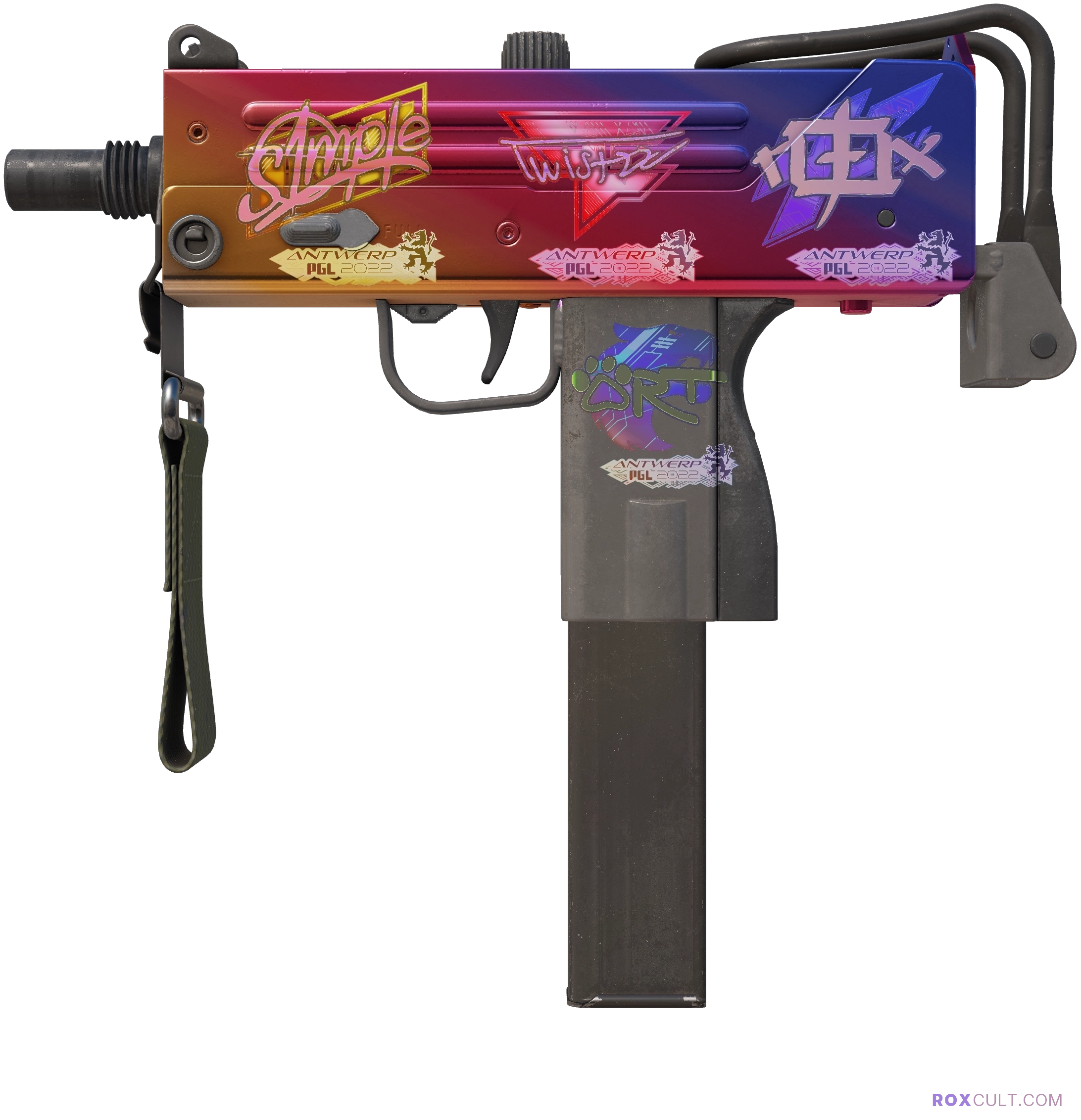 MAC-10 | Fade (Factory New) — rox (Holo) Antwerp 2022 craft, playside view with 1 rox (Holo) sticker