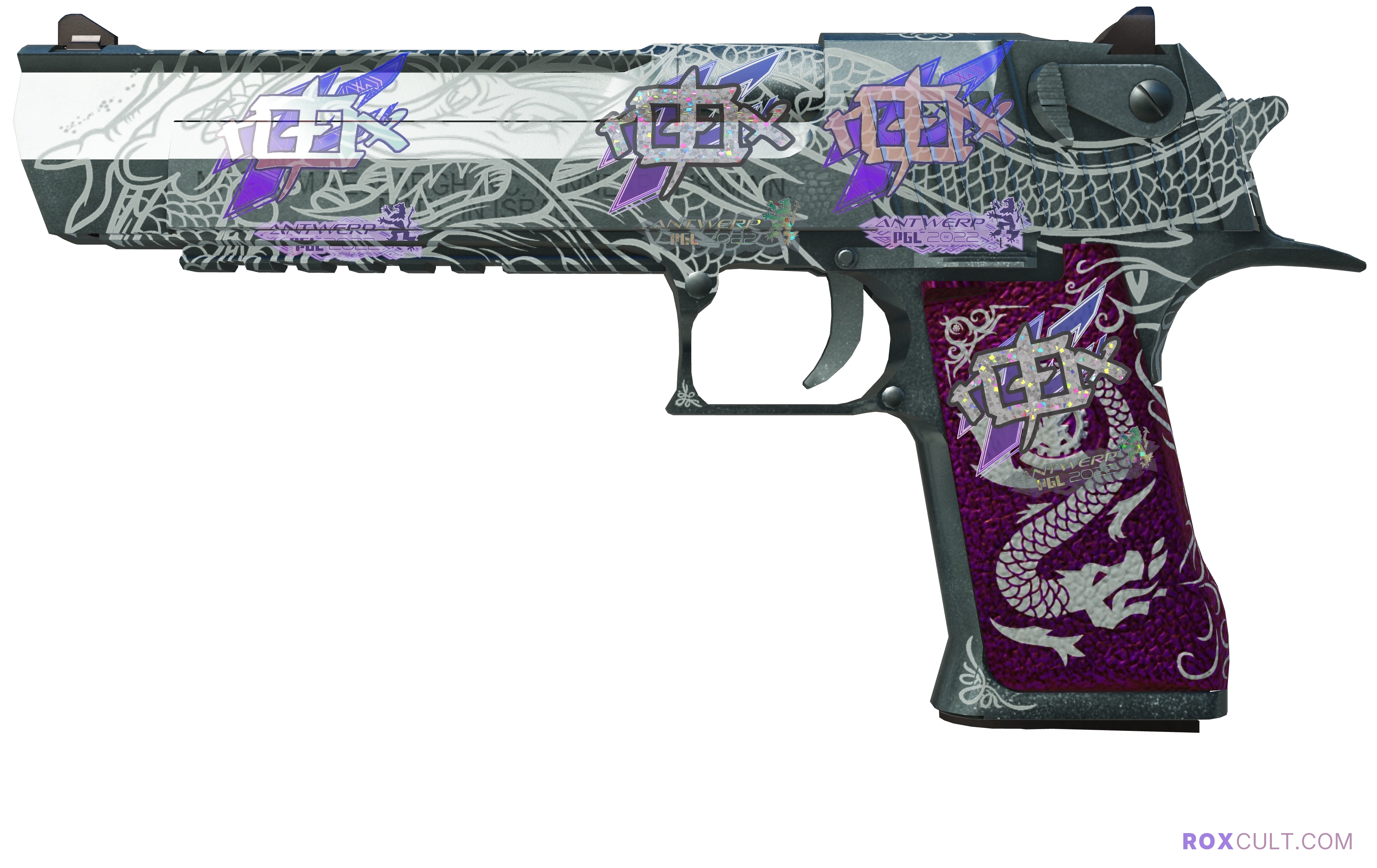 Desert Eagle | Kumicho Dragon (Factory New) — rox (Holo) Antwerp 2022 craft, playside view with 2 rox (Holo) stickers