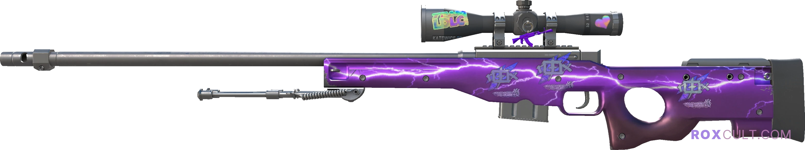 AWP | Lightning Strike (Factory New) — rox (Holo) Antwerp 2022 craft, playside view with 3 rox (Holo) stickers